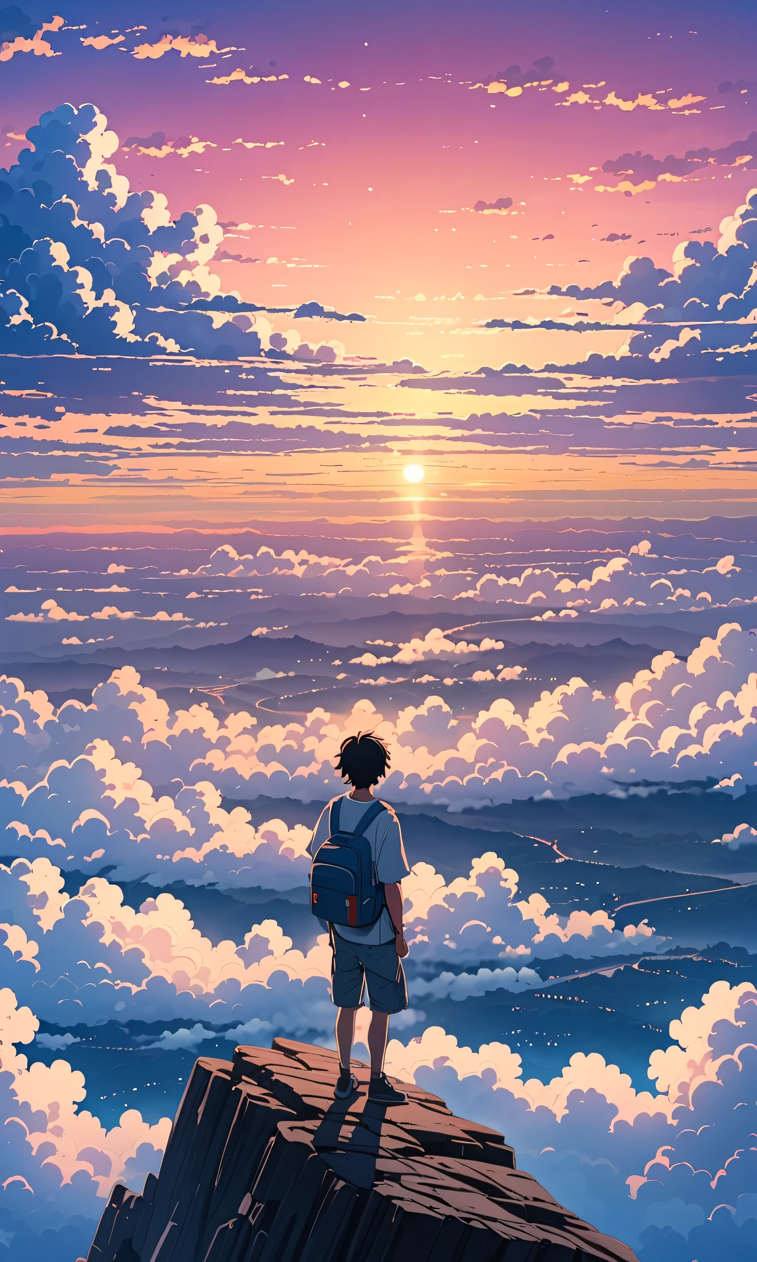 There is a sea of clouds realist !!!!!。,cloudy pink blue, Textured clouds anime style a painting of a boy on the edge of an abyss!!! watching a vast sky , anime landscape, inspired by the brothers anime beautiful scene of peace , anime-realistic anime-realistic !!!!!!!!! nostalgic animated art background , Makoto Shinkai!!, anime movie background the best of seaart hd 8k
