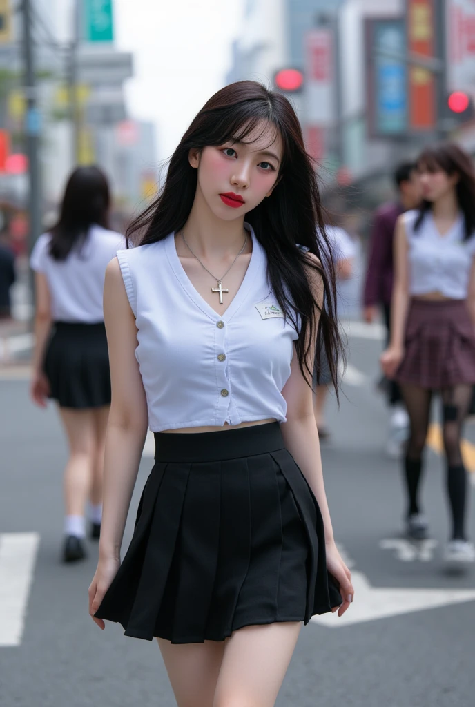 masterpiece, magnifica, top-quality、length hair, 、(16yo girl)、ighly detailed, , , , sexual excitement、Sex Expressions、shinny skin、In the street、traffic jam、((High school girl walking with cute bra exposed)),((Japan schoolgirl uniform))、Student Bag、plaid skirts、Cute bra、