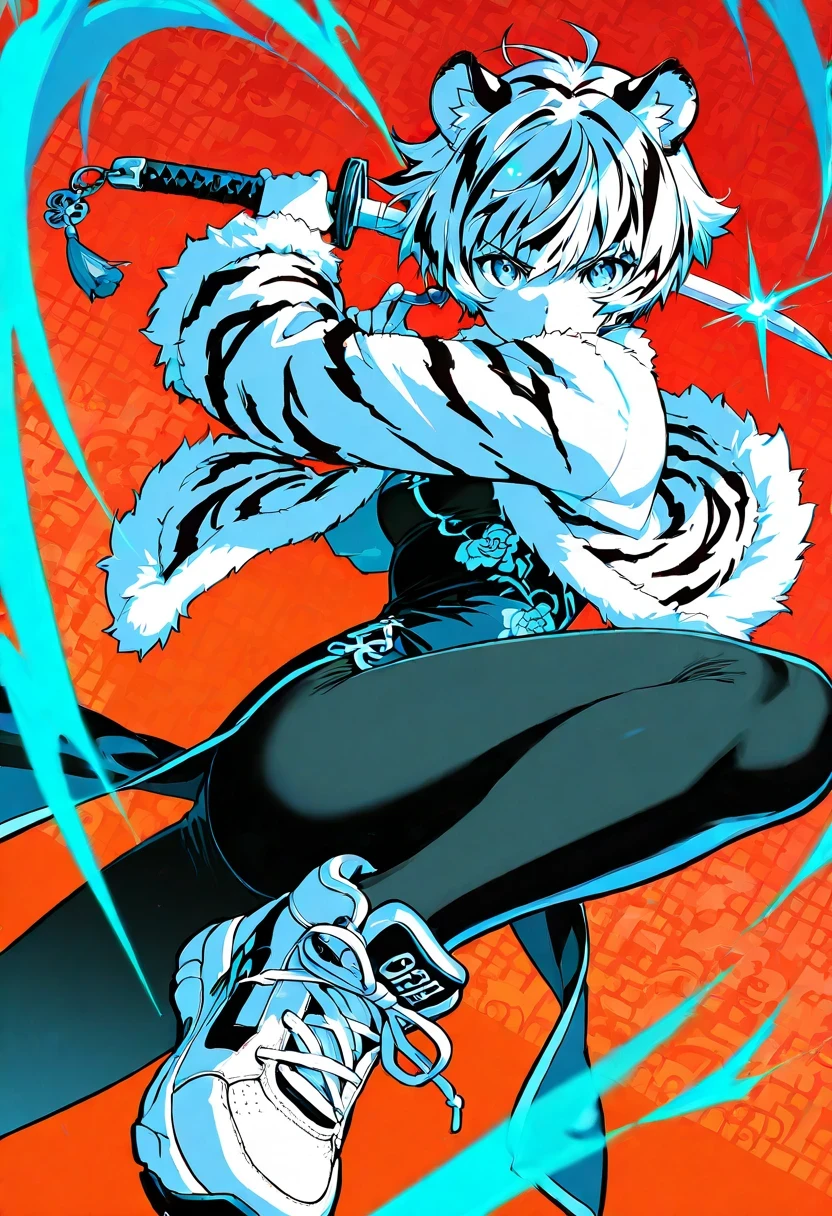 anime illustration, full color , colored scale, 1girl ,(tiger girl with cybernetic theme), short sword ,girl with short hair, Hair combed back,(tiger ears), traditional chinese dress,fur jacket , stylish sneakers,dynamic fighting pose,score_9,score_8,score_7_up ,source_anime, masterpiece,8k wallpaper, looking at viewer, various angle,aura,