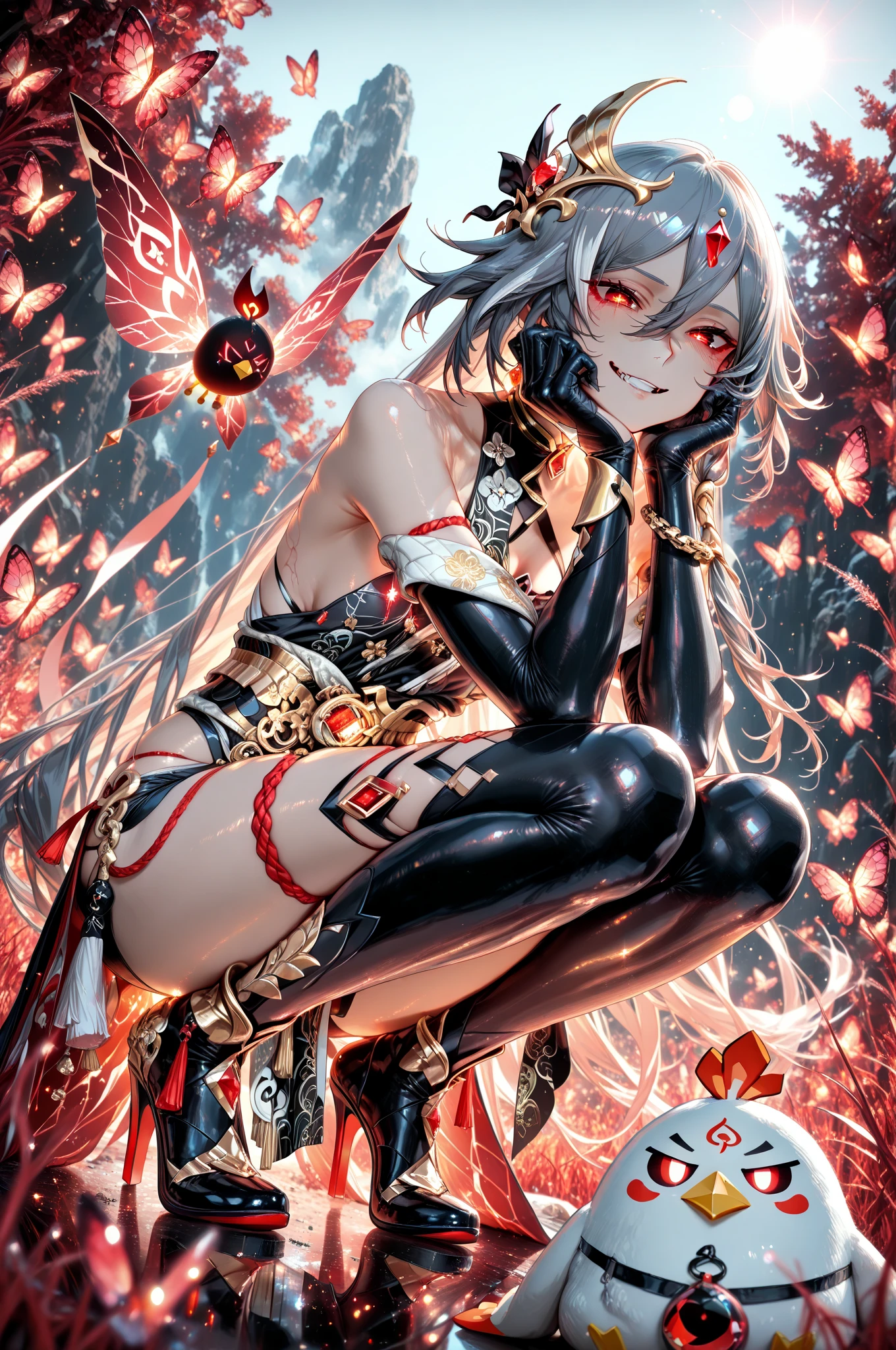 masterpiece,1girl,solo, <lora:InoriV1:1>,depth of field, yuzuriha inori, sitting,arms up, bound arms, bound wrists, closed mouth, ruins,cross,night,full moon, full body:1.3,depth of field,
