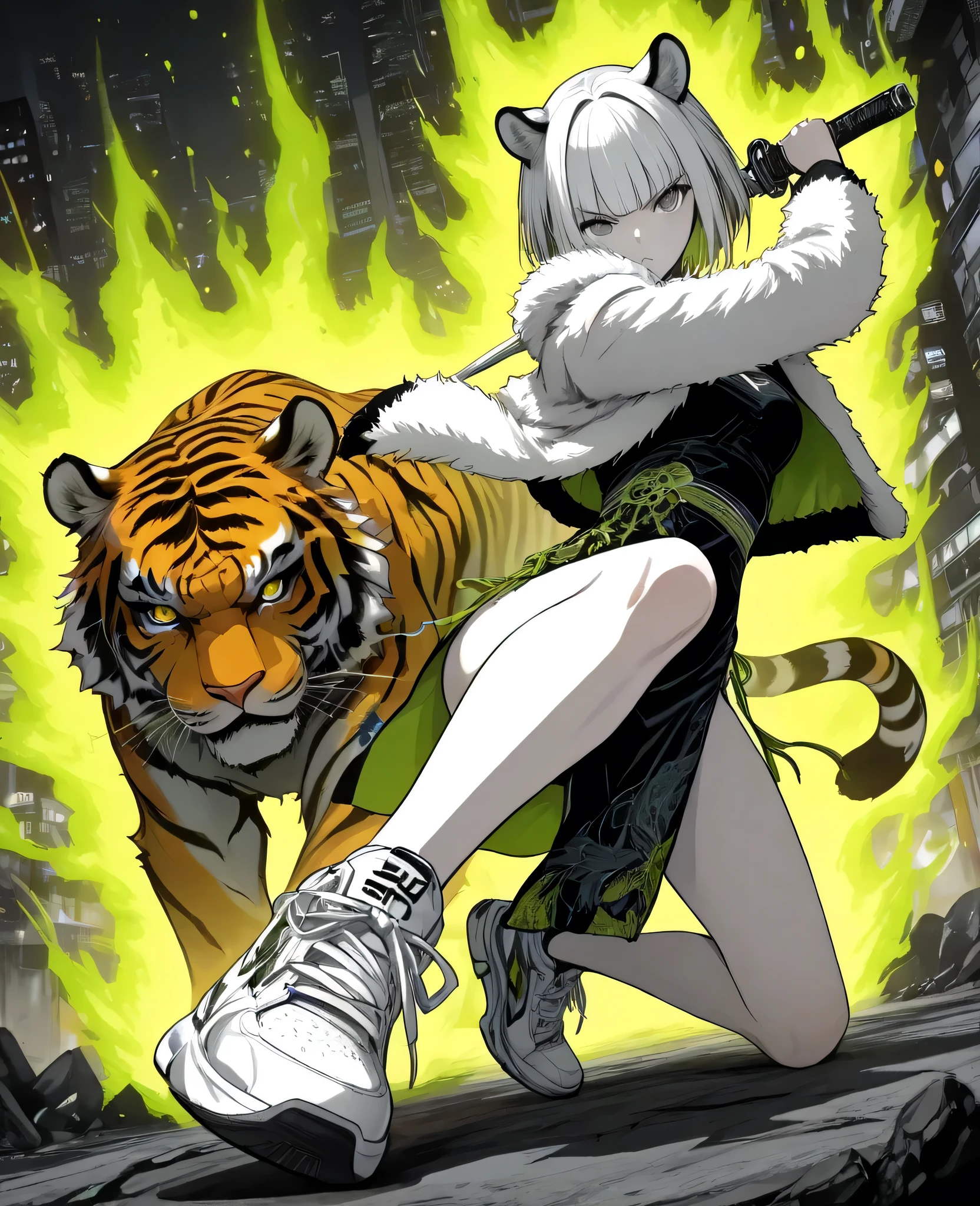 anime illustration, full color , colored scale, 1girl ,(tiger girl with cybernetic theme), short sword ,girl with short hair, Hair combed back,(tiger ears), traditional chinese dress,fur jacket , stylish sneakers,dynamic fighting pose,score_9,score_8,score_7_up ,source_anime, masterpiece,8k wallpaper, looking at viewer, various angle,aura,
