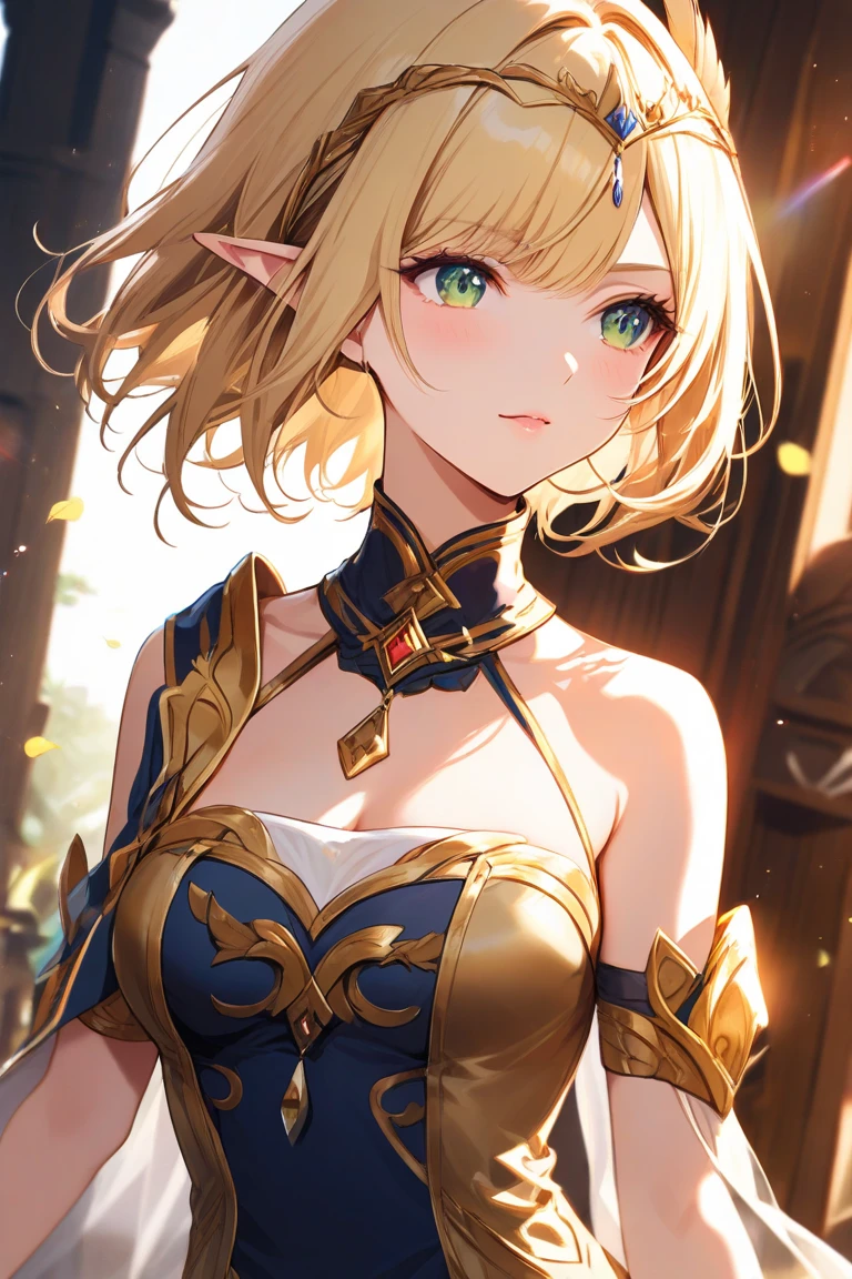 masterpiece、top-quality、ighly detailed、hight resolution、16k、fullnude、teats、Boob proportions、golden armour、Very thin skirt、Black pants、Full body like、Very white skin、Beautiful fingers、Anime girl with very big breasts posing naked、Perfect Style、elvish、no-bra、Blonde blue-eyed、A smile、An elf girl