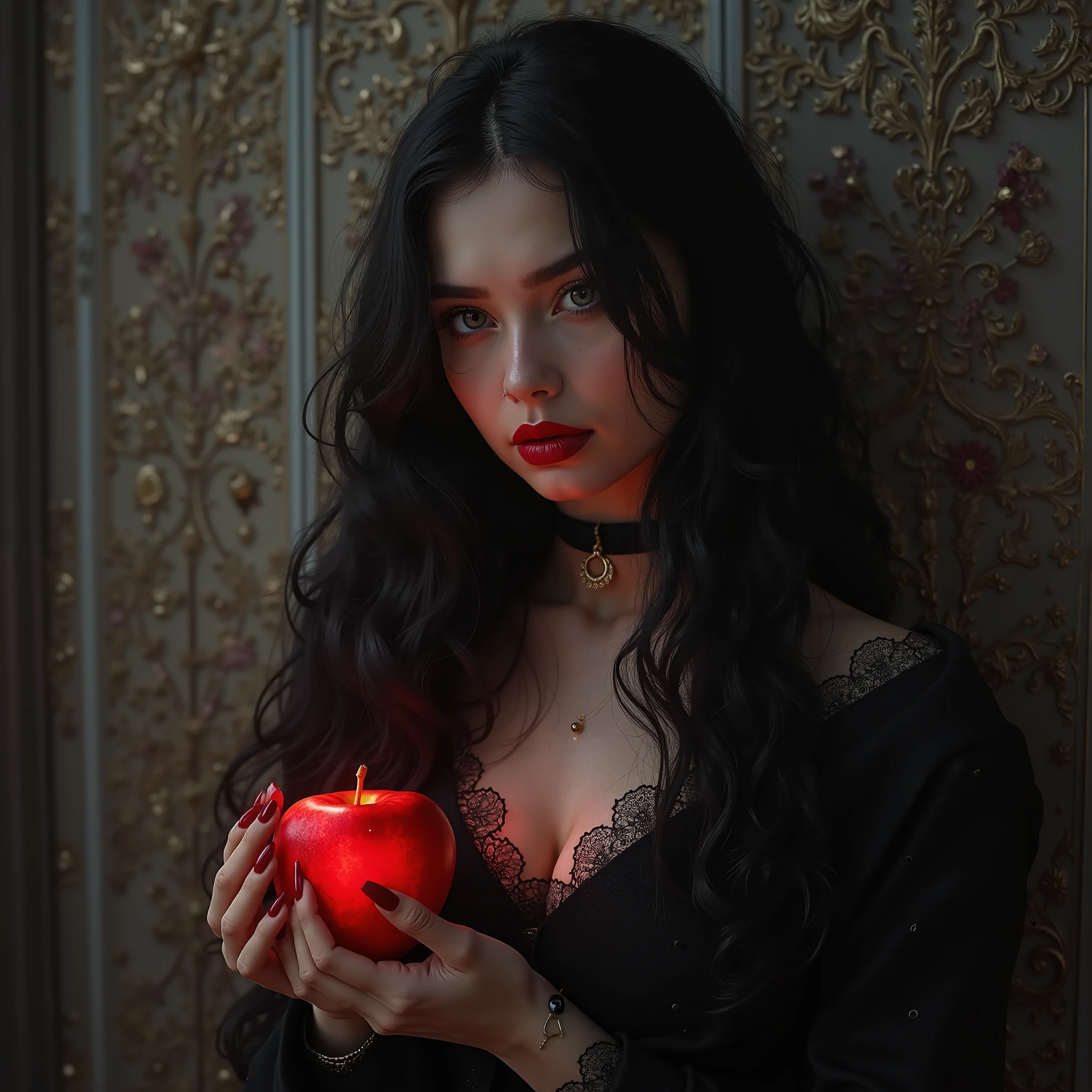 ((RAW Photo), absurd, (absurdresolution)), masterpiece, best quality, (Extremely detailed 8k unity CG wallpaper), (best illustration), (best shadow), Realistic lighting, beautiful detailed glow, ((21 years old)), girl, long black hair, black queen, accessories, apple in hand, poisoned apples, witch queen, red lipstick, (((Photographic Perspective of her)))