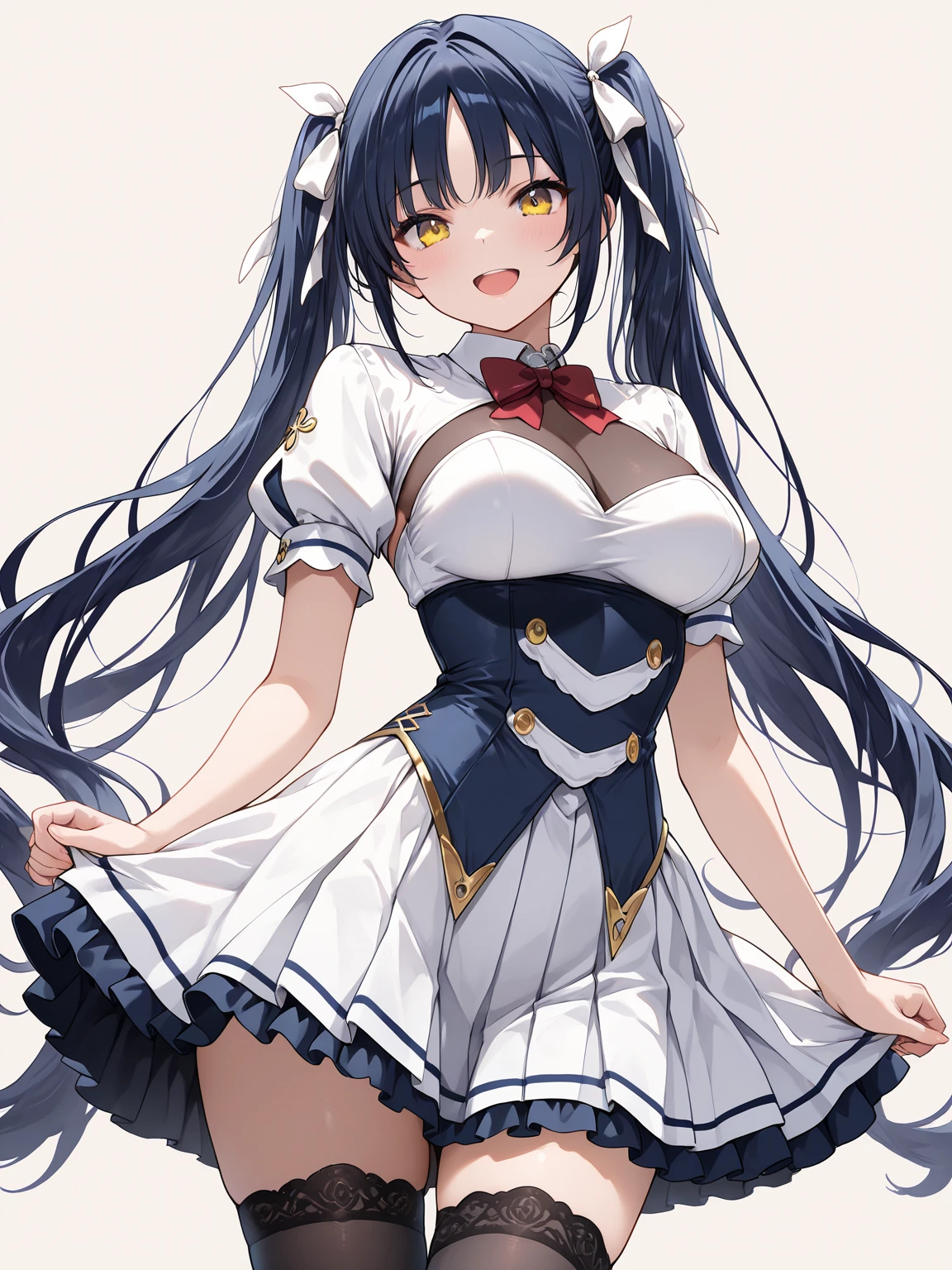 (One girl)、arm behind back、Sakuya Izayoi、（Sato Air）、bob cut、flipped hair、((Blonde))、slan eyes、(Big super breasts)、((Chubby))、(beautiful girl)、[Big thighs]、green eye、(Maid clotheini skirt)、No sleeve、White sleeveless、hairs between eyes、((thigh-high socks thighhighs))、(long gloves)、say、White Background、