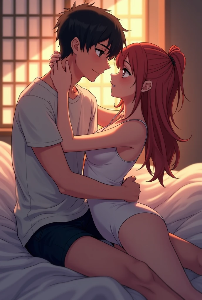 They are on some stairs and a black-haired boy with grey eyes and tattooed arms is carrying and hugging a red-haired girl with green eyes and freckles from a short distance away., He has one foot raised and wobbling, She has her head on his neck hugging him and he has his eyes closed smiling with his hand on her waist