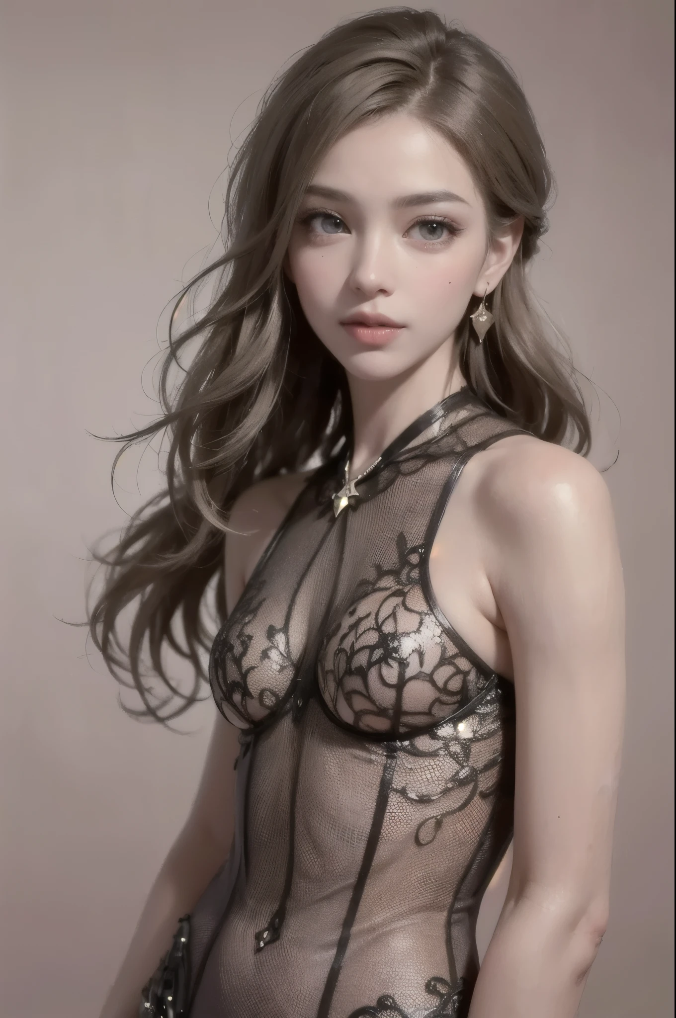 1girl,face,curly hair,light brown hair,white background,small breasts, (1. Beautiful Woman, Supermodel), (Perfect Anatomy), Anatomically correct body shape, (Cowboy Shot), Golden Ratio, (Best Quality:1.4), 32k resolution, (Realistic:1.5), (超Realistic:1.5), High resolution UHD, (masterpiece:1.2)), (Improved quality:1.4), (Very beautiful facial details), (Grin), (Best QualityのRealisticな肌のテクスチャ), ((Random color silk dress:1.37)), Big earrings, necklace, (small breasts:1.3), (thigh), (small Ass), Accurate Fingers, Very detailed, Beautiful Eyes, Double eyelids, eyelash, Shaping your eyebrows, ((Very detailed)), Red cheeks, Ultra-realistic eyes, Perfect Lips, Perfect Eyes, Perfect Iris, Natural Makeup, [Pink lipstick], ((A great eye for quality:1.2)), (Beautiful Lips:1.33), (Great nose:1.2), ((Realistic)), ((Sharp focus)), (Highest Resolution), ((The most ridiculous quality)), ((masterpiece)), Professional Cinema Lighting