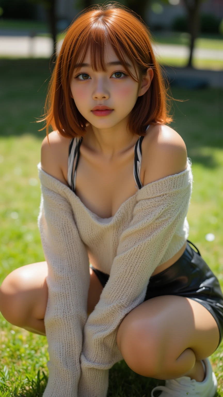 cute girl photo realistic,in a park in front of beach, exquisite and beautiful face, pretty face, (peach Red lips:1.1),(white skin:1.1), tender and ,(orange hair:1.15), orange hair, ponytail hair, smile, exquisite collarbone, seductive and delicate collarbone, charming fragrant shoulders, shoulders slightly exposed, open-shoulder long sweater, navy blue sweater,bokeh, full body,very realistic details, ultra-high resolution,outstanding details