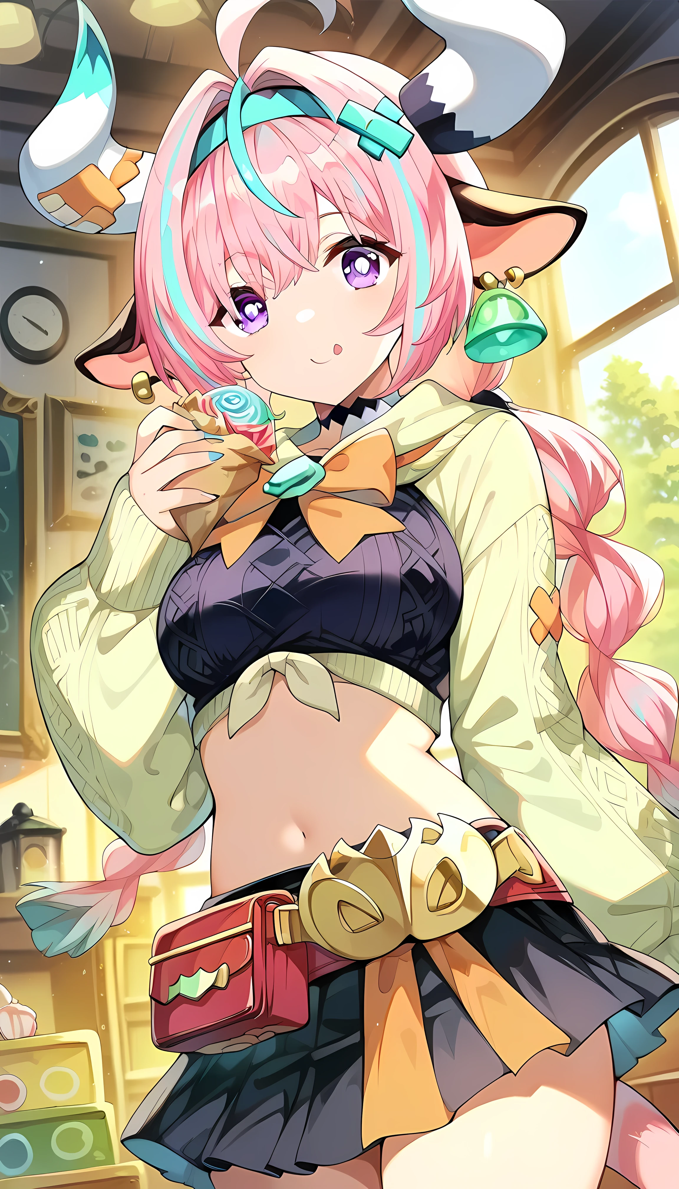 Walesa , 1 girl, solo, long hair, Bust, sight, smile, Big Breasts, skirt, thigh high socks, belly button, animal ears, Bust, Protruding shoulders, Standing, purple eyes, tail, pink hair, Colored Hair, thighs,
,
earrings, プリーツskirt, Small chest, horn, choker, indoor, 黒skirt, ミニskirt, headband, two-tone, tails on both sides, 黒choker,
,
crepeを持っている, crepe, uneaten food, Food waste, dynamic angle, dynamic pose,
,
(Complex Backgrounds, There are many elements in the background:1.2), (Inside the candy house:1.5), (( Super Detailed Backgrounds )), ((8K wallpaper)),