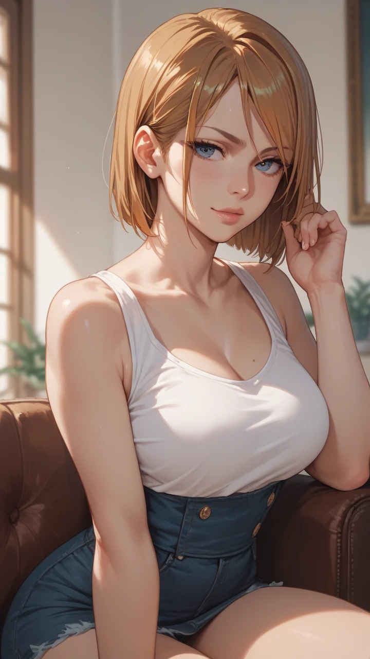 (lifelike, high - resolution:1.3), 1 girl with a perfect body,slender body, Super fine face and eyes,boho bob hair,blonde hair, Tank top of random colors:1.2, short jeans,Expose cleavage
