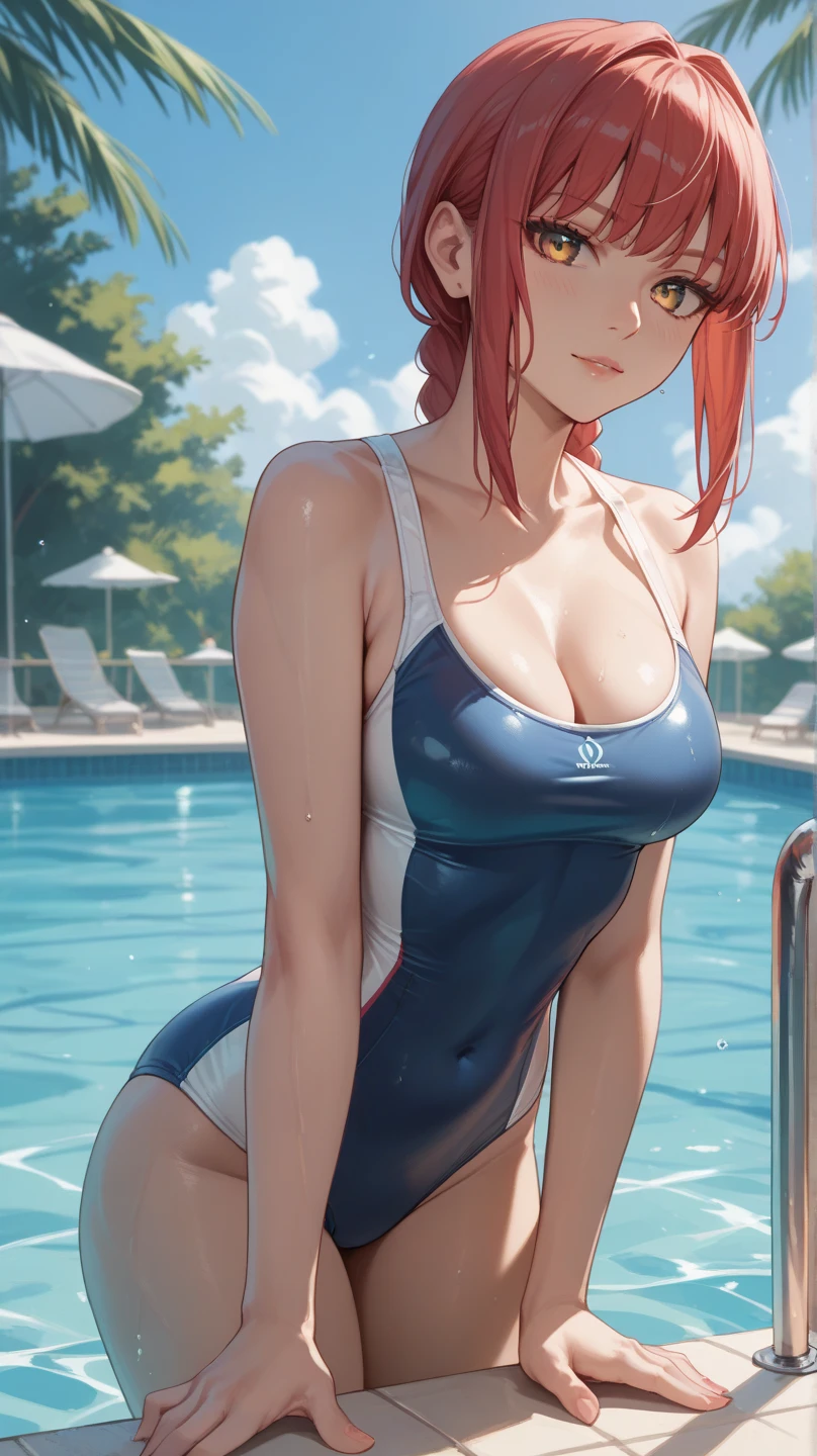 1girl, star eye, blush, perfect illumination, red hair, red eyes, unreal engine, sidelighting, detailed face, bangs, big breast, bright skin, simple background,