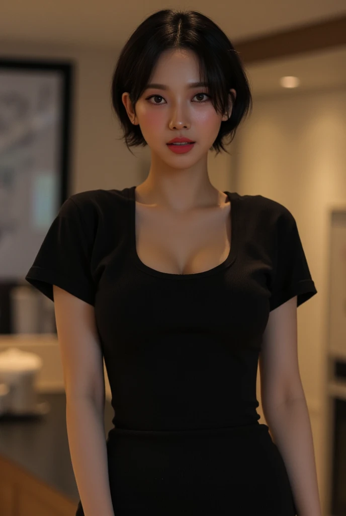 Highest quality, Very detailed, masterpiece, 1 person,Japanese women,(((Perfect female body))),Very beautiful face, Very beautiful body,Gentle expression, Very beautiful eyes,(Perfect Makeup:1.1),Big Breasts,40s、short hair、Brown Hair:1.3, Big Breasts、Soft body、黒いモノトーンビッグサイズShort sleeveシャツ,Ankle Pants,Simple Necklace,anklet,A kind smile,Full body portrait,(indoorの背景:1.3), (Glowing Skin),(Earrings),indoor、cute、Short sleeve