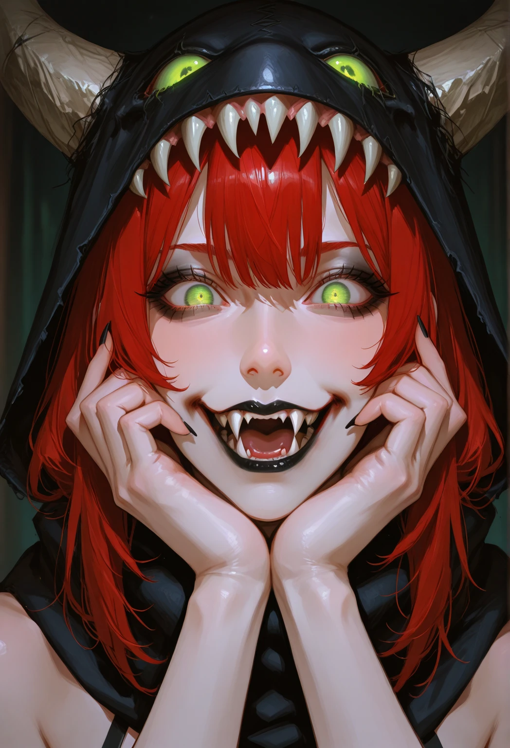 anime beautiful demon women, shark teeth, long hair, red eyes, wicked smile, detailes, HD, room, (full body), naked, sexy, anime