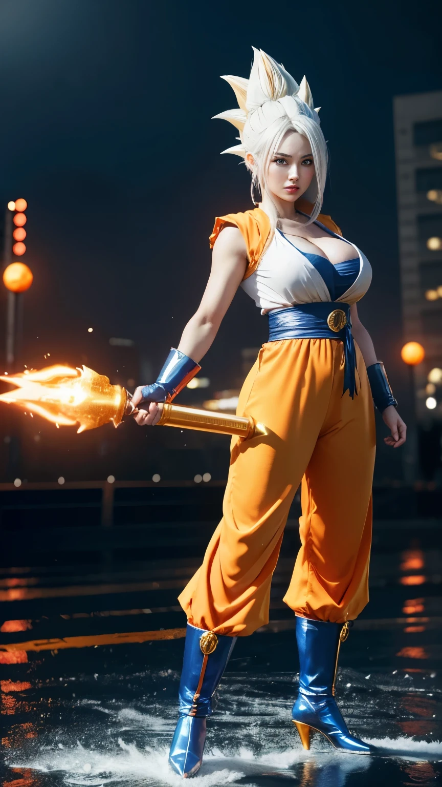 ((best quality)), ((masterpiece)), (detailed), perfect face, Dragon Ball anime, ((Full body photo, feet on the ground, straight body)), ((Laura/woman, big breasts, extremely beautiful)), ((Super Saiyan Superior Instinct)) {transformed into Super Saiyan wearing Goku costume, emanating golden magic aura circling furiously around the body. Background, completely destroyed city at night raining hard. She has {silver eyes, white Super Saiyan hair} her hair, face and her outfit are soaked in water, She is staring at the viewer, smiling, fists clenched, concentrating magical aura, in a forward attack pose. Anime Dragon Ball, high detail, anime, 16k, UHD,m, ccurate, anatomically correct, textured skin, super detail, high quality, award winning, ((Dragon Ball outfit)) ((Goku costume)), (((visible , big boobs)))