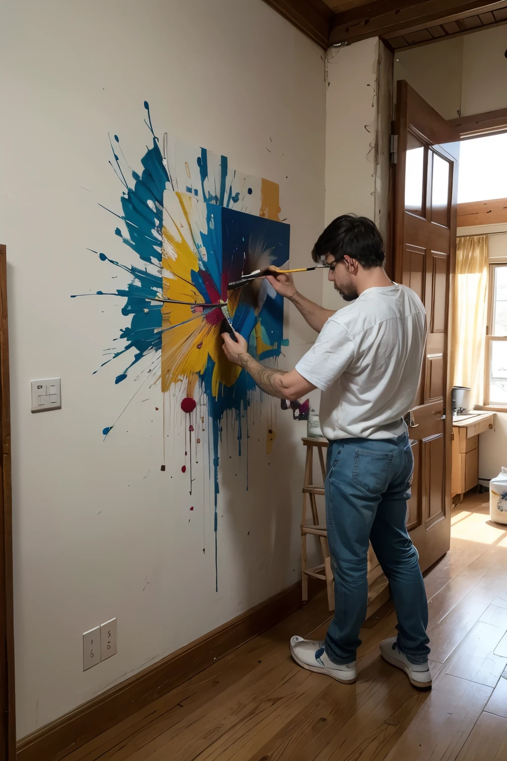 Create a scenario of a large wall painted with colorful paints simulating tattoos