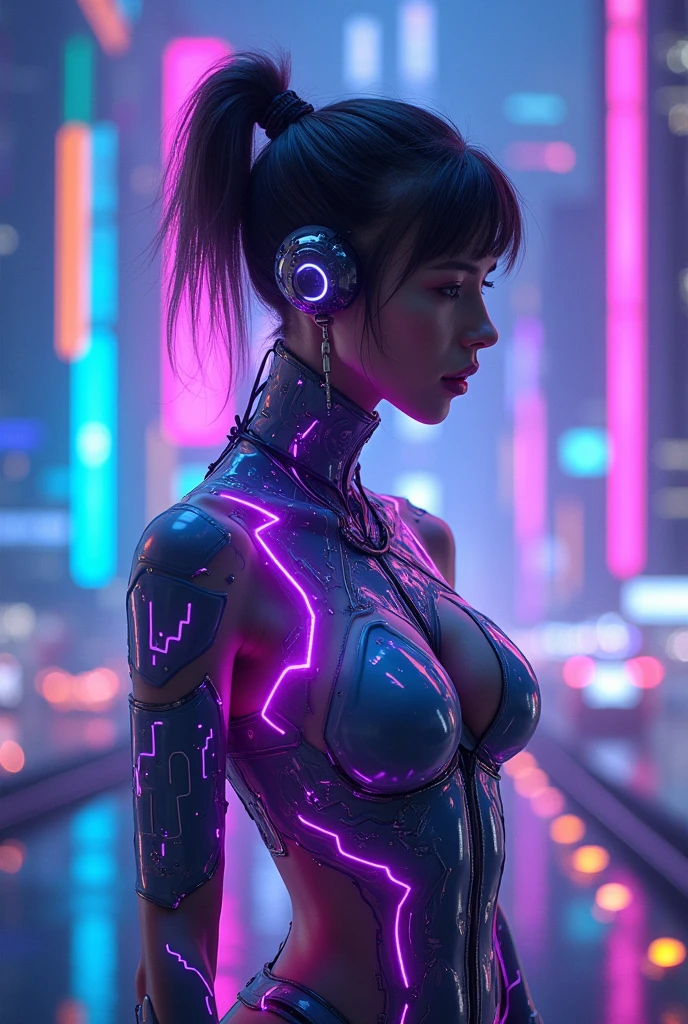A girl,Dress up sexy,Future techwear,mechanical prosthesiechanical skeleton, evening, A cyberpunk city in ruins, Neon Billboard, Better image quality, Maximum clarity and clarity, ultrarealistic realism, high detail, AFoFuturismo,Contrast of light and shadow, Cinmatic Lighting, ray tracing, Luz reFlectante, cowboy lens, F/4.0 ,blu hair big tits,neon lights , retroFuturistic mechanic suit ,muscle woman ,wings,hair iluminated with blue light neon