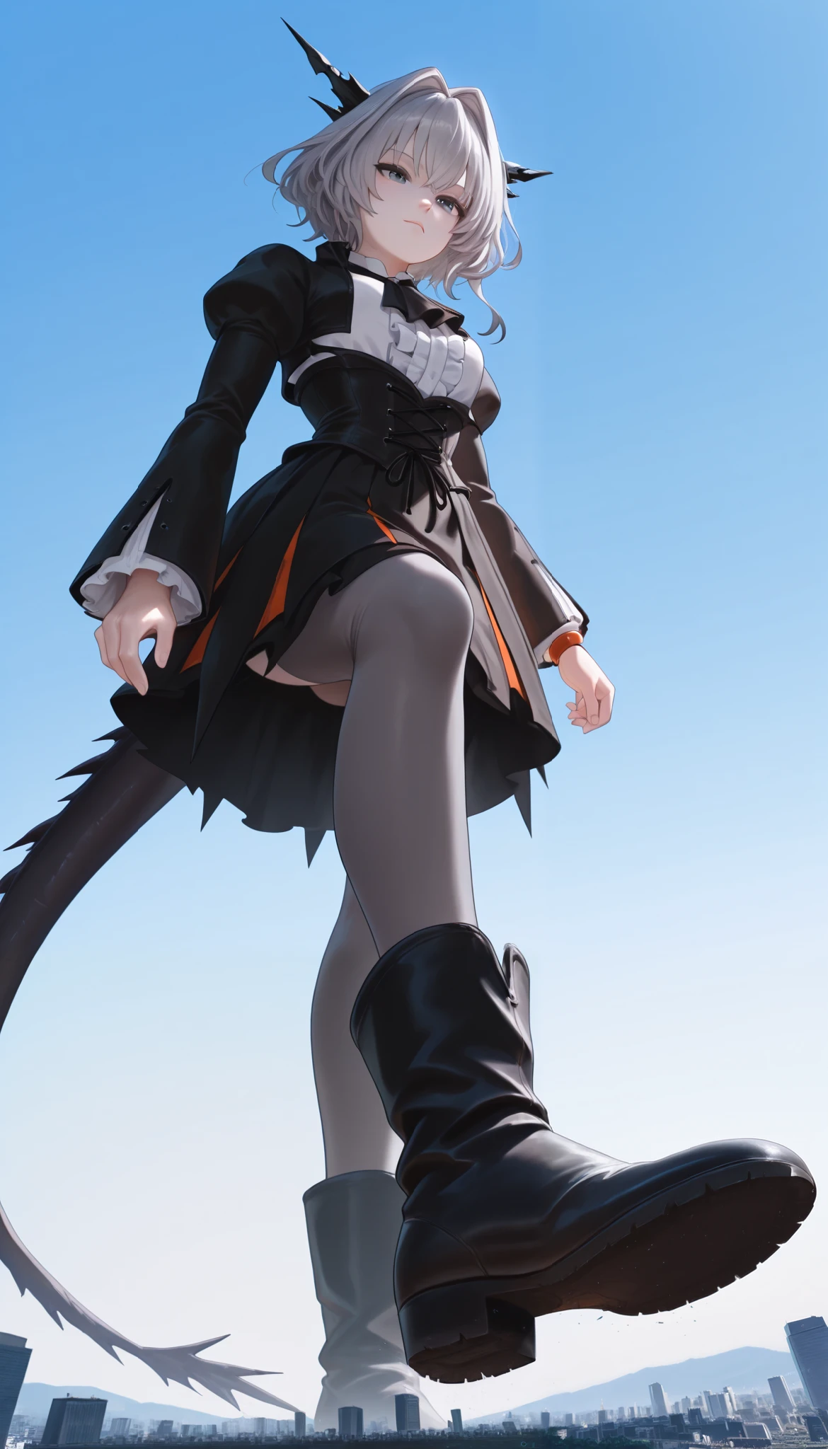 one woman, one person only, tlhdef, dragon tail, short hair, grey hair, hair intakes, black horns, dragon horns, grey eyes, black jacket, cropped jacket, open jacket, juliet sleeves, underbust, orange bracelet, white shirt, center frills, black ascot, black corset, black skirt, (giantess:1),  blue sky, Outdoors, long boots, from below,white skin,Grey Stockings,is raising one leg,Soles,Solesを見せている,Trying to step on it