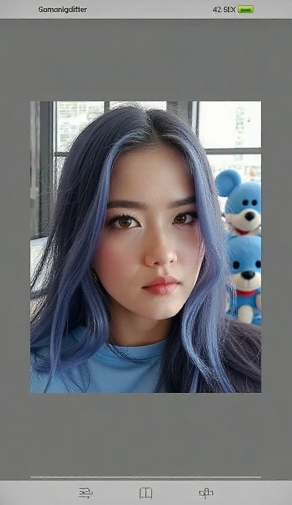 Make a beautiful young woman wearing a pair of blue color mickey mouse color in her room, there are many cotton toys of blue color mickey mouse , the mattress and foam are very detailed 