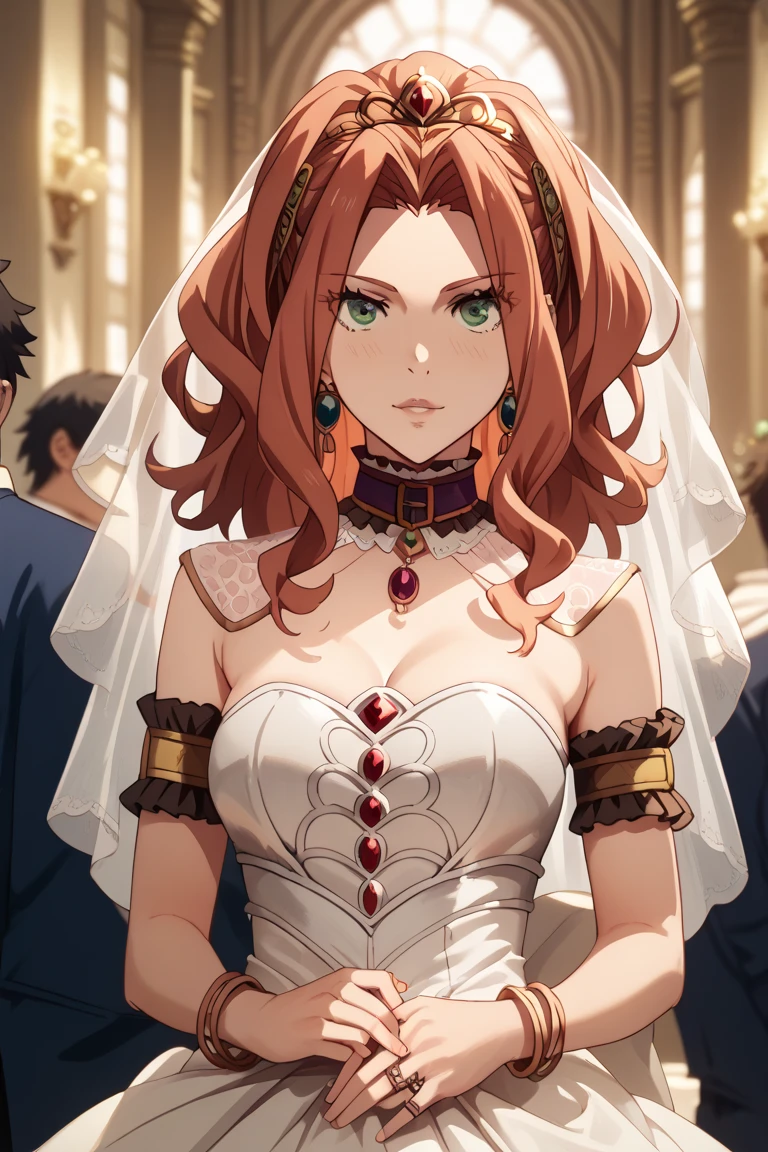 ((Highest quality)), ((masterpiece)), (detailed), （Perfect Face）、The woman is Maya Cordelia, with semi-long orange hair, wearing a luxurious black mermaid-line wedding dress with ornate gold embroidery and trim, and a black wedding veil, also adorned with lavish accessories.、The woman is getting married to the evil demon king's man.