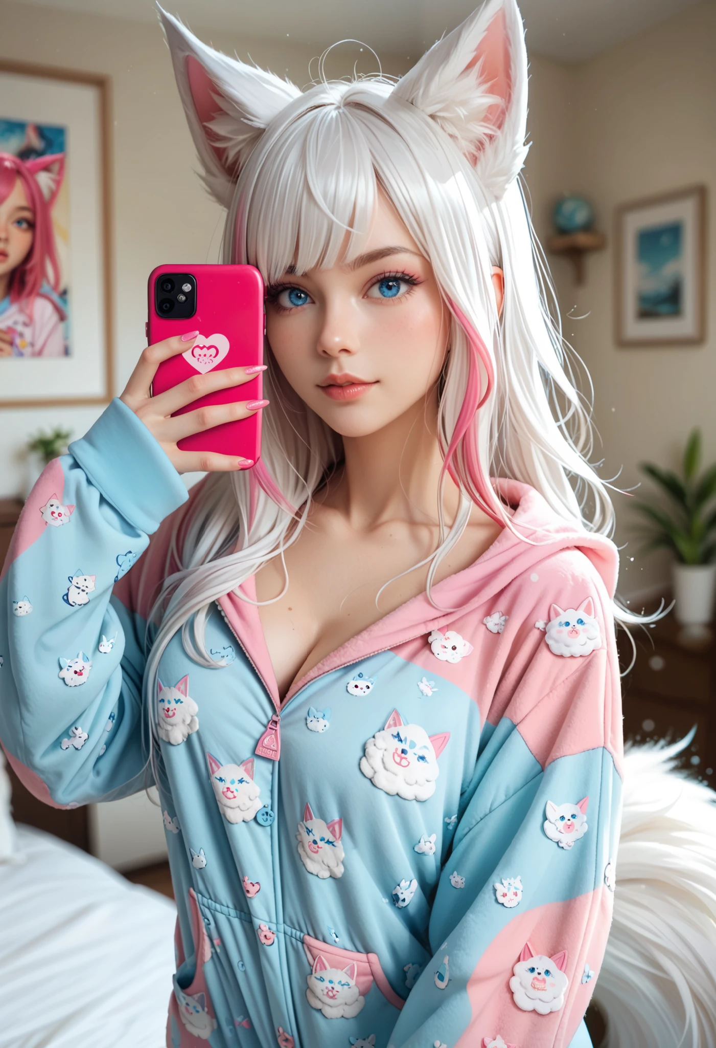 adult fox woman doing a selfie, soft make-up, BREAK wearing a fox Onesie pajamas BREAK (fox ears and fluffy tails), curvy hair, ((white hair with pink streaks)), cyan blue eyes, Natural soft light, vivid colors, depth of field, masterpiece, semi-realistic artwork