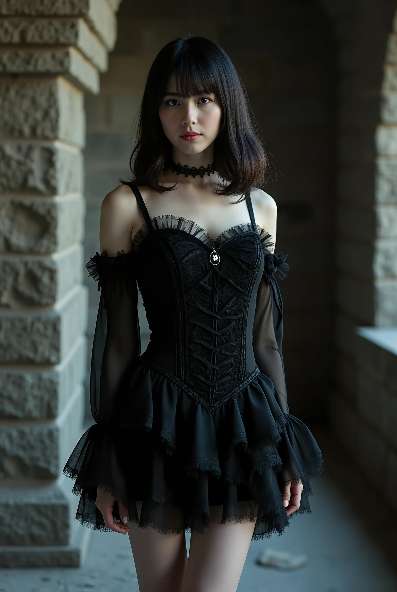 Create a stunning portrait of a beautiful Japanese idol in a gothic mini dress with gothic make-up. She should have semi-long hair, a slender body type, small breasts, and thin legs. The background should evoke a stone room in an old castle. Use cinematic lighting to enhance the overall aesthetic.
