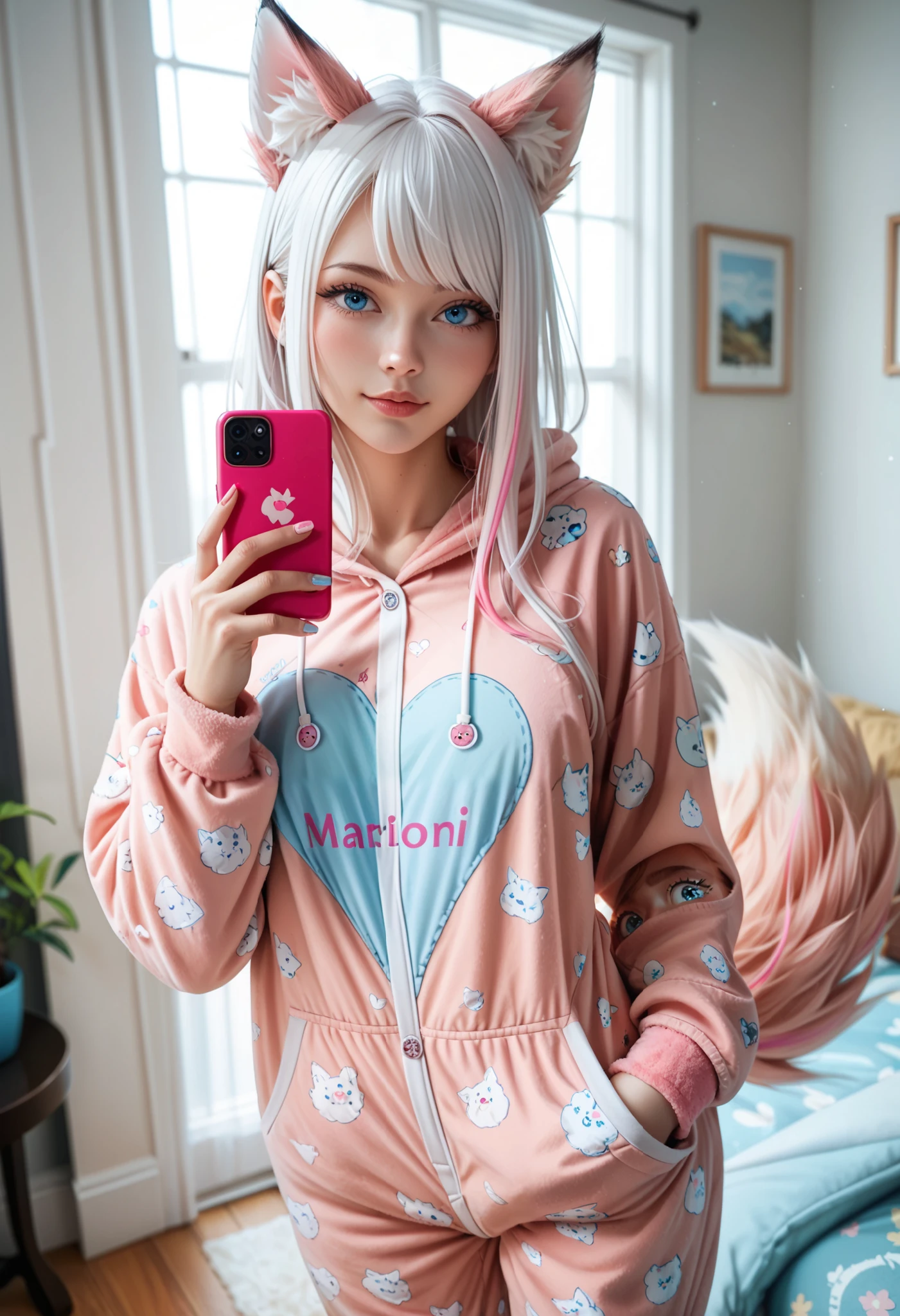 adult fox woman doing a selfie, soft make-up, BREAK wearing a fox Onesie pajamas BREAK (fox ears and fluffy tails), curvy hair, ((white hair with pink streaks)), cyan blue eyes, Natural soft light, vivid colors, depth of field, masterpiece, semi-realistic artwork