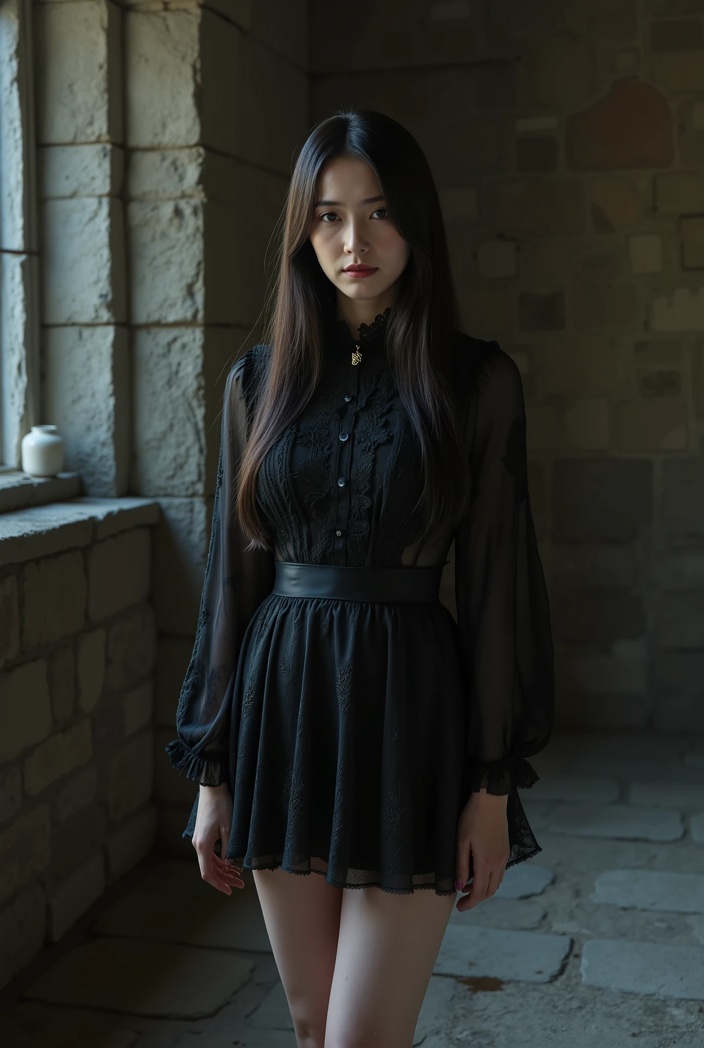 Create a stunning portrait of a beautiful Japanese idol in a gothic mini dress with gothic make-up. She should have semi-long hair, a slender body type, small breasts, and thin legs. The background should evoke a stone room in an old castle. Use cinematic lighting to enhance the overall aesthetic.