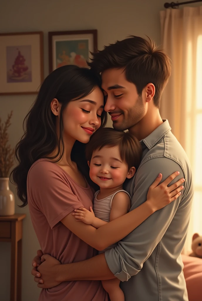 create a realistic picture of a happy family in their new home