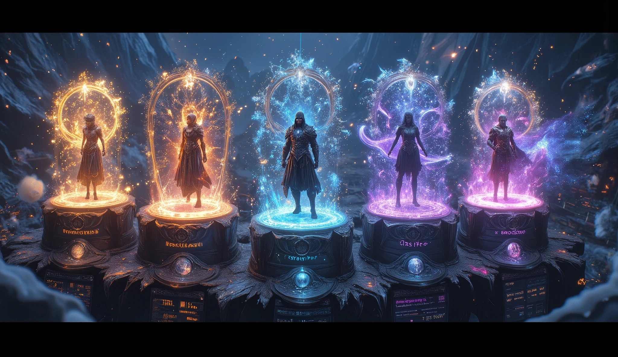 Ultra-detailed MMORPG character selection screen, panoramic view of 5 floating holographic character models on crystal platforms,  
each hero surrounded by their class sigils: [1] Paladin with golden light particles swirling around a floating sanctum shield,  
[2] Shadow Assassin cloaked in rippling void energy with dagger trajectories frozen mid-air,  
[3] Elemental Archmage casting prismatic spell circles that phase through the UI borders,  
[4] Beastmaster accompanied by a glowing spirit wolf whose fur reacts to cursor proximity,  
[5] Cyborg Samurai with neon circuit patterns pulsing across armor plates,  
interactive UI elements: semi-transparent skill trees branching behind each character,  
dynamic depth-of-field blur shifting with implied mouse movement,  
celestial navigation bar above with constellation-themed menu buttons,  
glowing runic parchment scroll unfurling at bottom showing character backstory,  
color-coded energy trails connecting active character to selection confirmation orb,  
art style blending Yoshitaka Amano's ethereal designs with League of Legends' UI clarity,  
background of floating fantasy cityscape with weather changing based on selected class  