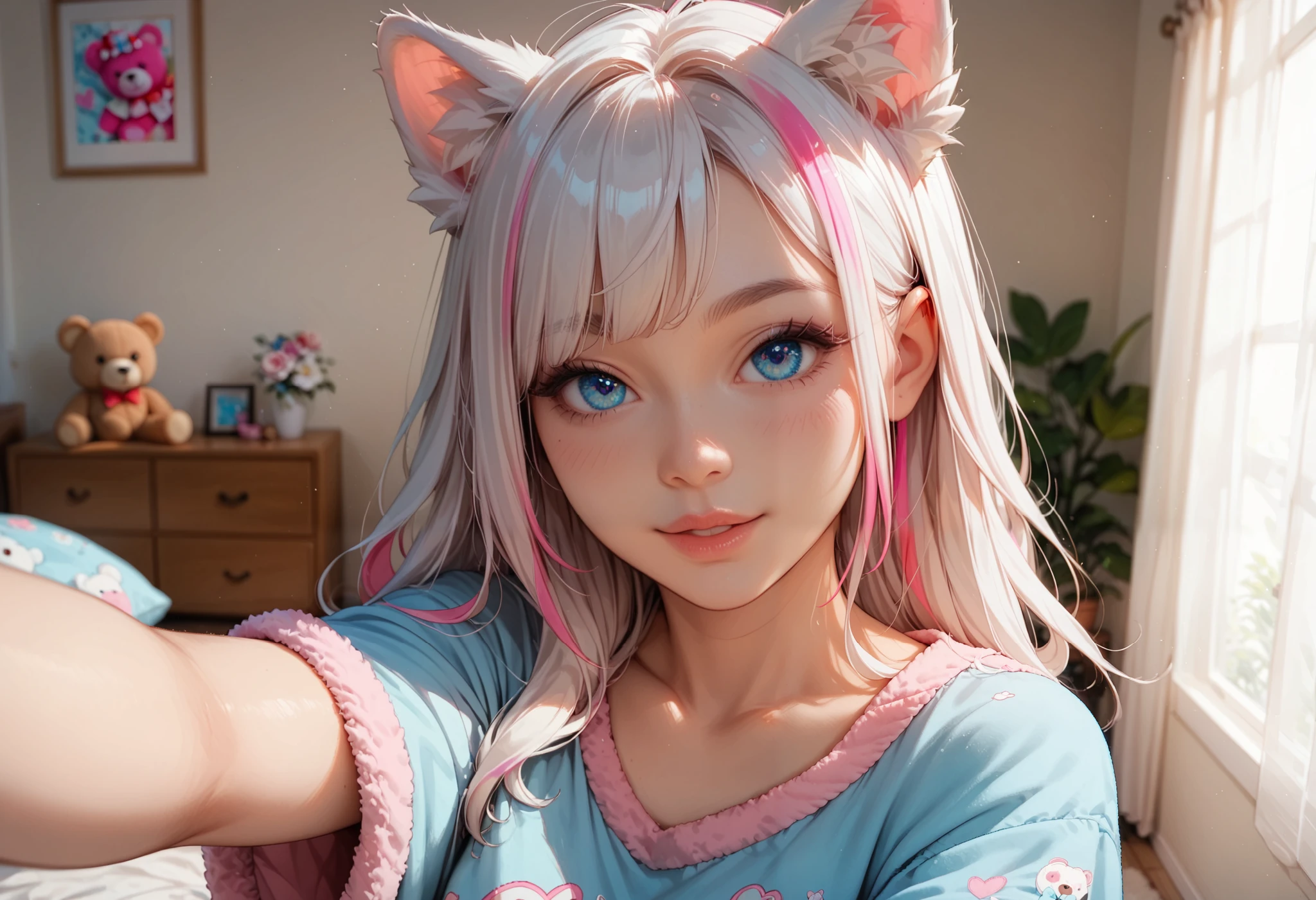 adult fox woman doing a selfie, soft make-up, BREAK wearing a cute teddy bear pajamas BREAK (fox ears and fluffy tails), curvy hair, ((white hair with pink streaks)), cyan blue eyes, Natural soft light, vivid colors, depth of field, masterpiece, semi-realistic artwork