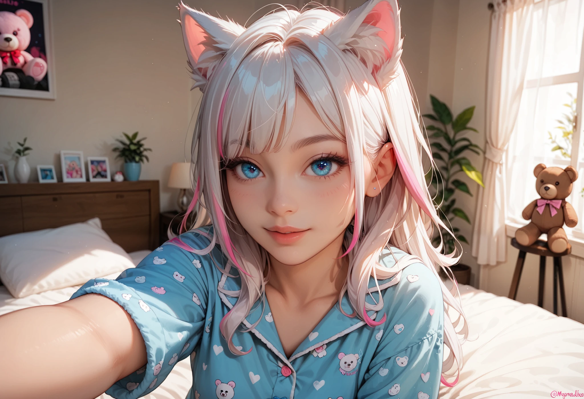 adult fox woman doing a selfie, soft make-up, BREAK wearing a cute teddy bear pajamas BREAK (fox ears and fluffy tails), curvy hair, ((white hair with pink streaks)), cyan blue eyes, Natural soft light, vivid colors, depth of field, masterpiece, semi-realistic artwork