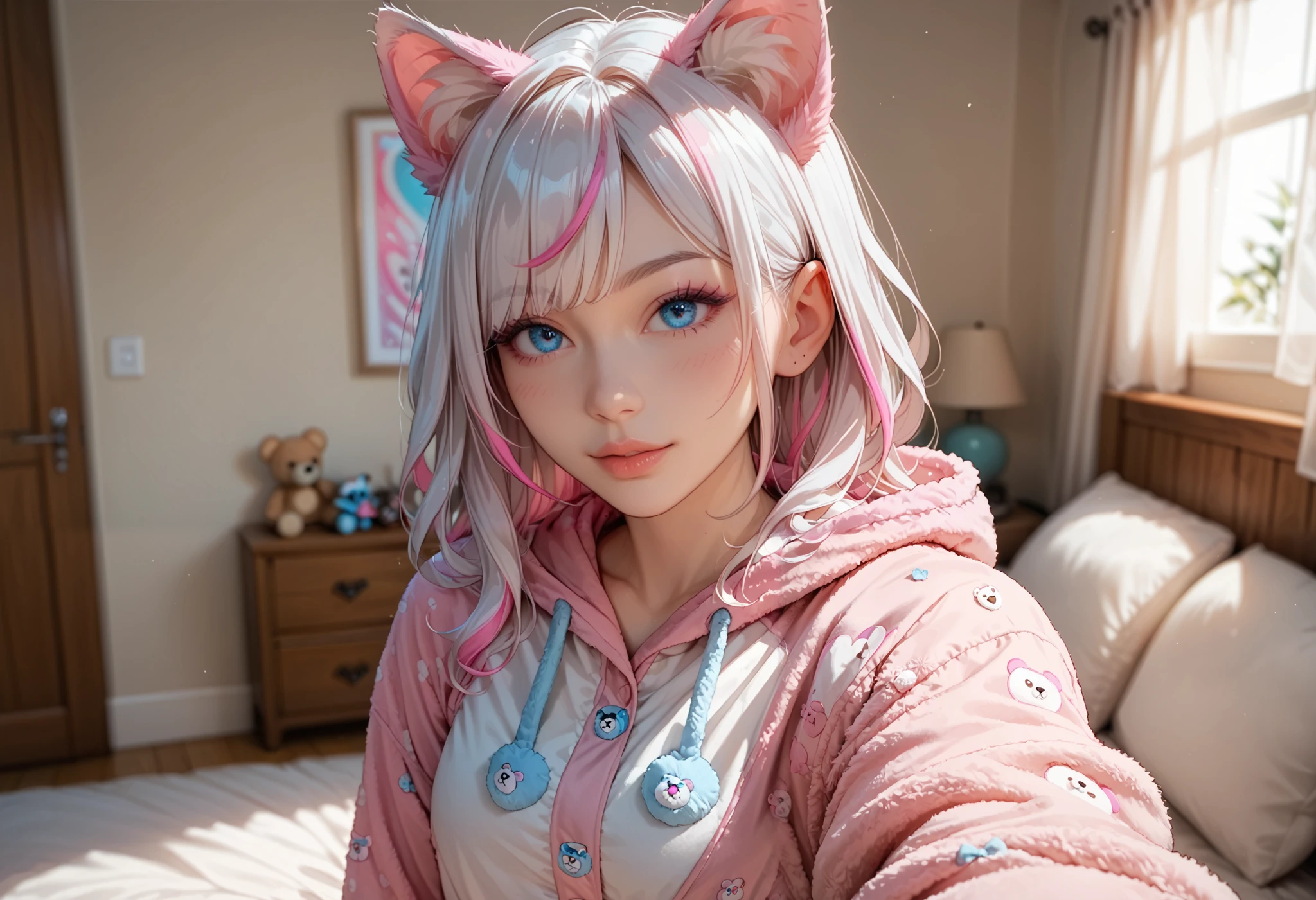 adult fox woman doing a selfie, soft make-up, BREAK wearing a teddy bear Onesie pajamas BREAK (fox ears and fluffy tails), curvy hair, ((white hair with pink streaks)), cyan blue eyes, Natural soft light, vivid colors, depth of field, masterpiece, semi-realistic artwork