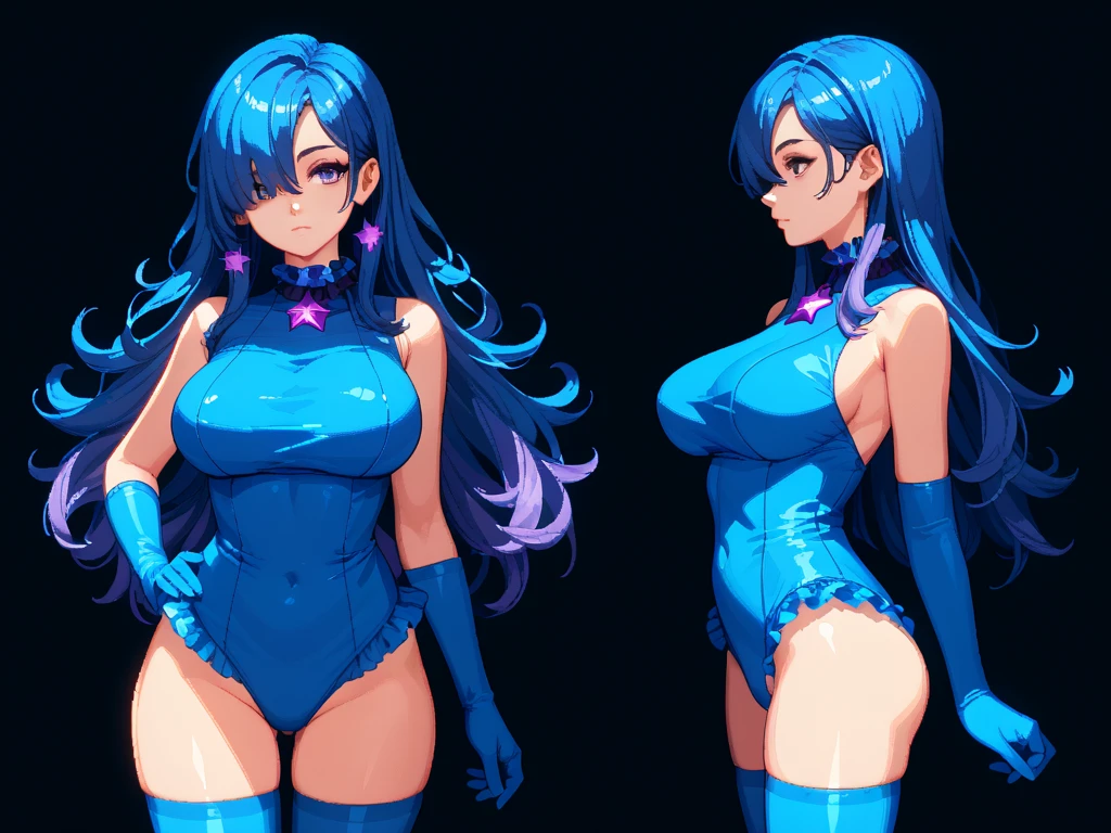 (1girl,solo),(nico),blue hair,blue eyes,spandex body suit, (blue costume), super hero suit,tight skirt,white gloves,white neck,mesh sleeves,Mesh pantyhose,smile,cowboy shot,shiny clothes,from above,ultra-detailed,sharp focus,aesthetic,(best quality)
