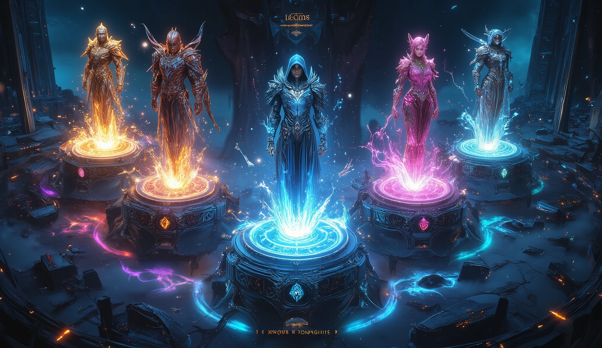 Ultra-detailed MMORPG character selection screen, panoramic view of 5 floating holographic character models on crystal platforms,  
each hero surrounded by their class sigils: [1] Paladin with golden light particles swirling around a floating sanctum shield,  
[2] Shadow Assassin cloaked in rippling void energy with dagger trajectories frozen mid-air,  
[3] Elemental Archmage casting prismatic spell circles that phase through the UI borders,  
[4] Beastmaster accompanied by a glowing spirit wolf whose fur reacts to cursor proximity,  
[5] Cyborg Samurai with neon circuit patterns pulsing across armor plates,  
interactive UI elements: semi-transparent skill trees branching behind each character,  
dynamic depth-of-field blur shifting with implied mouse movement,  
celestial navigation bar above with constellation-themed menu buttons,  
glowing runic parchment scroll unfurling at bottom showing character backstory,  
color-coded energy trails connecting active character to selection confirmation orb,  
art style blending Yoshitaka Amano's ethereal designs with League of Legends' UI clarity,  
background of floating fantasy cityscape with weather changing based on selected class  