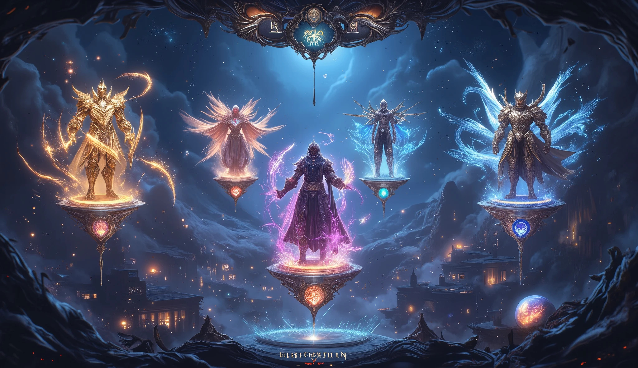 Ultra-detailed MMORPG character selection screen, panoramic view of 5 floating holographic character models on crystal platforms,  
each hero surrounded by their class sigils: [1] Paladin with golden light particles swirling around a floating sanctum shield,  
[2] Shadow Assassin cloaked in rippling void energy with dagger trajectories frozen mid-air,  
[3] Elemental Archmage casting prismatic spell circles that phase through the UI borders,  
[4] Beastmaster accompanied by a glowing spirit wolf whose fur reacts to cursor proximity,  
[5] Cyborg Samurai with neon circuit patterns pulsing across armor plates,  
interactive UI elements: semi-transparent skill trees branching behind each character,  
dynamic depth-of-field blur shifting with implied mouse movement,  
celestial navigation bar above with constellation-themed menu buttons,  
glowing runic parchment scroll unfurling at bottom showing character backstory,  
color-coded energy trails connecting active character to selection confirmation orb,  
art style blending Yoshitaka Amano's ethereal designs with League of Legends' UI clarity,  
background of floating fantasy cityscape with weather changing based on selected class  