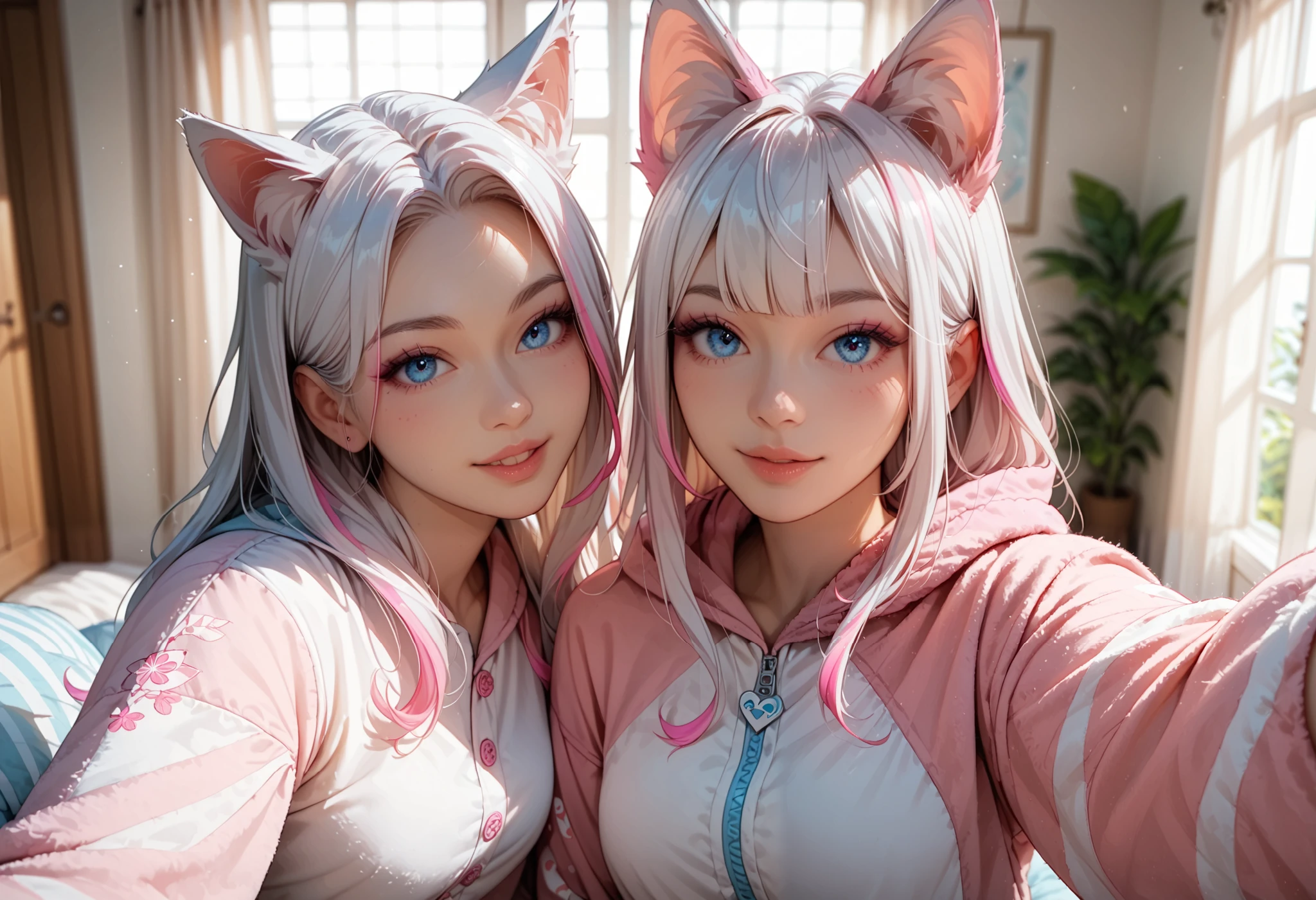 adult fox woman doing a selfie, soft make-up, BREAK wearing a fox Onesie pajamas BREAK (fox ears and fluffy tails), curvy hair, ((white hair with pink streaks)), cyan blue eyes, Natural soft light, vivid colors, depth of field, masterpiece, semi-realistic artwork