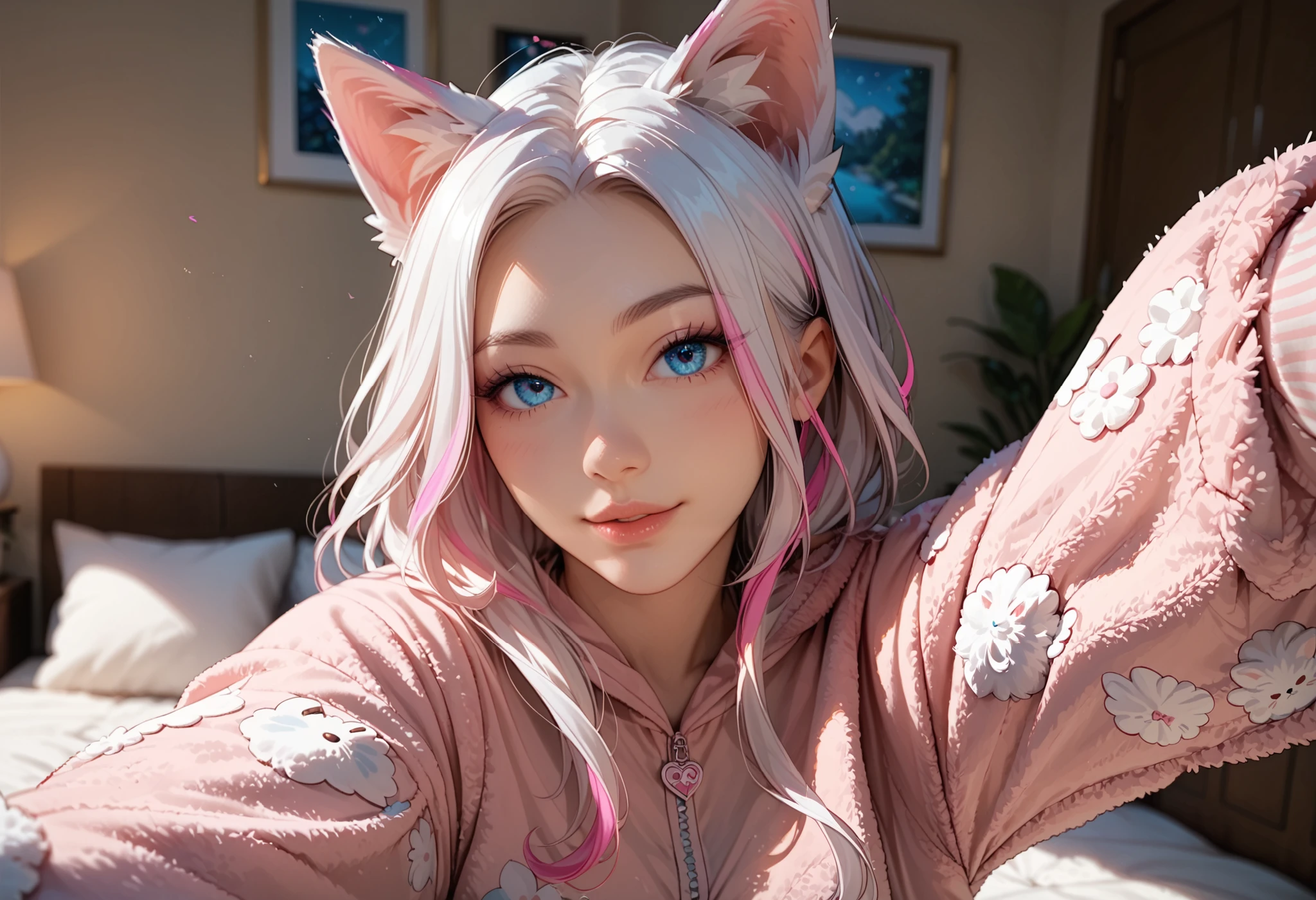 adult fox woman doing a selfie, soft make-up, BREAK wearing a fox Onesie pajamas BREAK (fox ears and fluffy tails), curvy hair, ((white hair with pink streaks)), cyan blue eyes, Natural soft light, vivid colors, depth of field, masterpiece, semi-realistic artwork