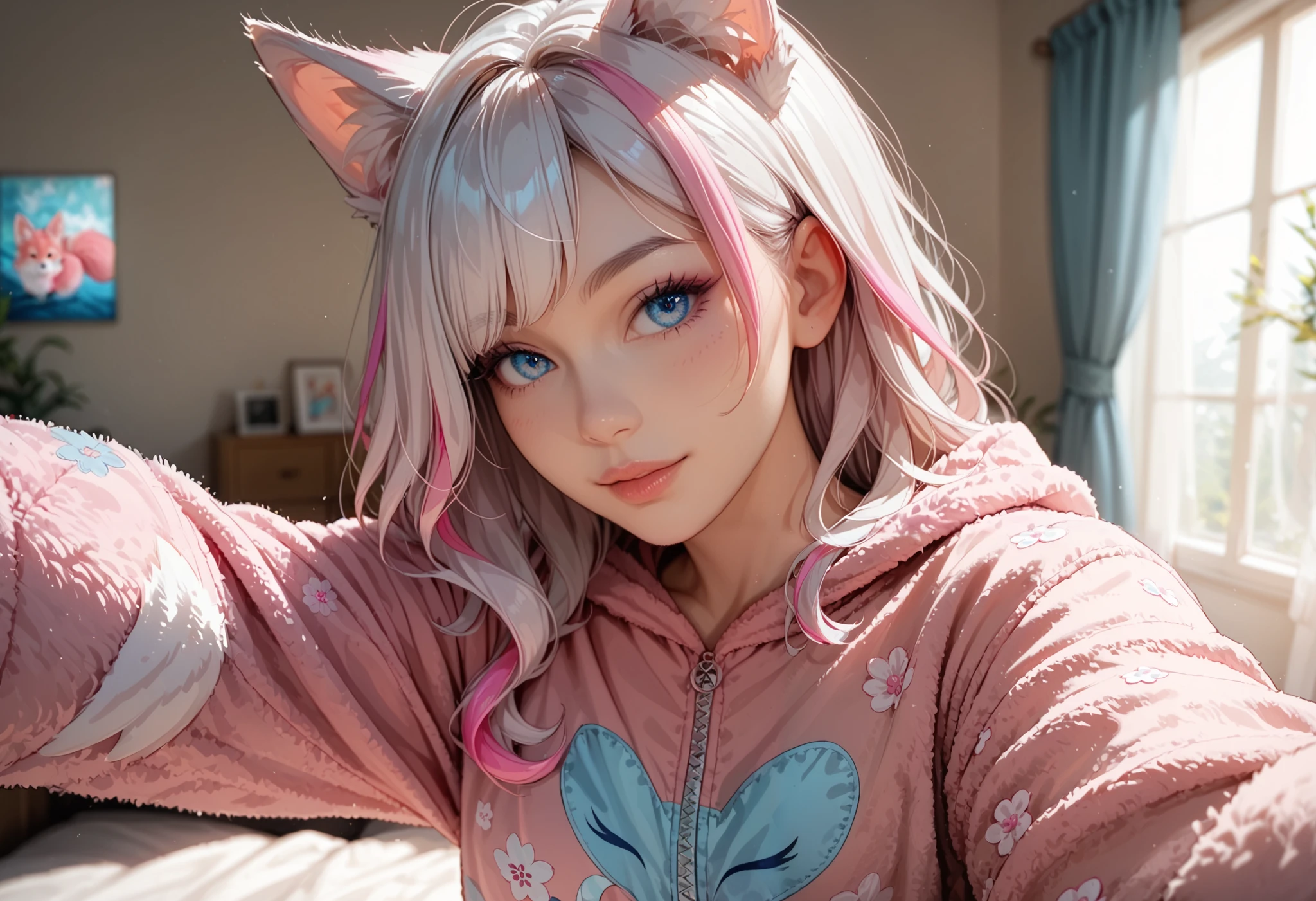 adult fox woman doing a selfie, soft make-up, BREAK wearing a fox Onesie pajamas BREAK (fox ears and fluffy tails), curvy hair, ((white hair with pink streaks)), cyan blue eyes, Natural soft light, vivid colors, depth of field, masterpiece, semi-realistic artwork