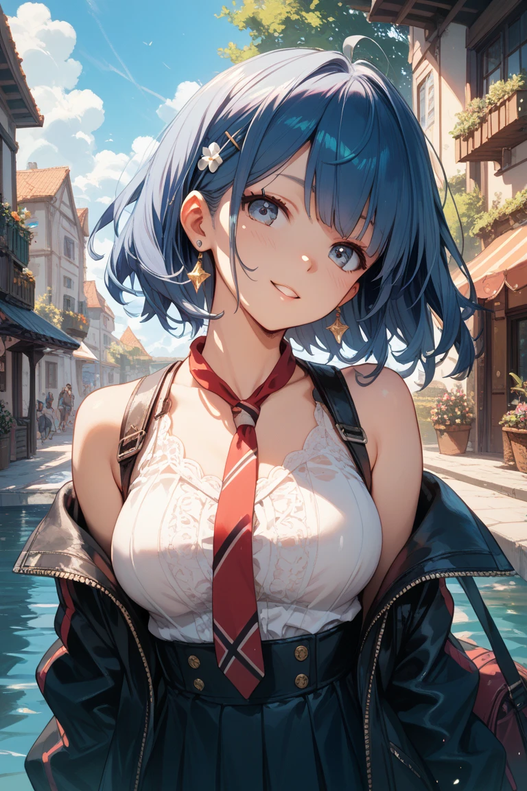 (Top Quality, Masterpiece, 8k:1.2), Ultra Detailed, High Resolution, (Anime:1.3), 1 Girl, Solo, EPsoaSinon, Short Hair, Light Blue Hair, Detailed Jewel Eyes, Hair Between Eyes, (Hair Accessory:1.2), Hair Clip, Side Locks, Small medium breast, ((corset,plaid skirt, blue sky)), dynamic Angle, Cowboy Shot,looking at viewer,