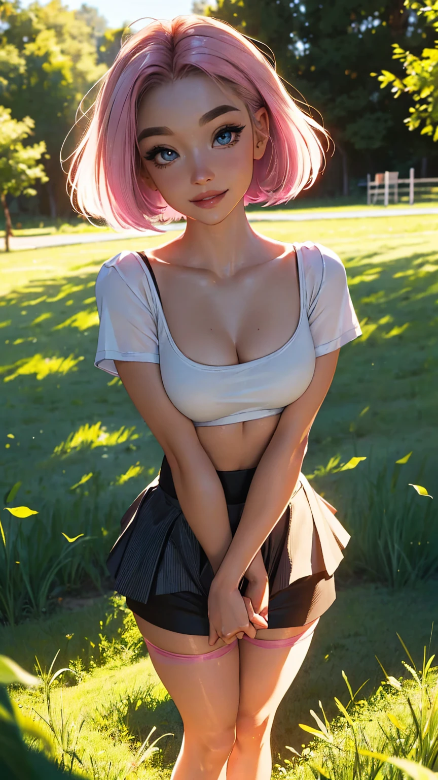 Sexy girl, long pink hair, tight miniskirt, plain tank top, prominent nipples, sitting in a sexy pose on a park bench, grabs her breasts with her hands, shows us her breasts, sexy, lascivious, open legs, painting oil, chiaroscuro, sensual and dramatic lighting, moody atmosphere, photorealistic, intricate details, masterpiece, ultra detailed, high quality, 8k, best quality, realistic, cinematic, dark and brooding, expressionist, powerful composition, emotional impact, art inspired by Bill Sienkiewicz