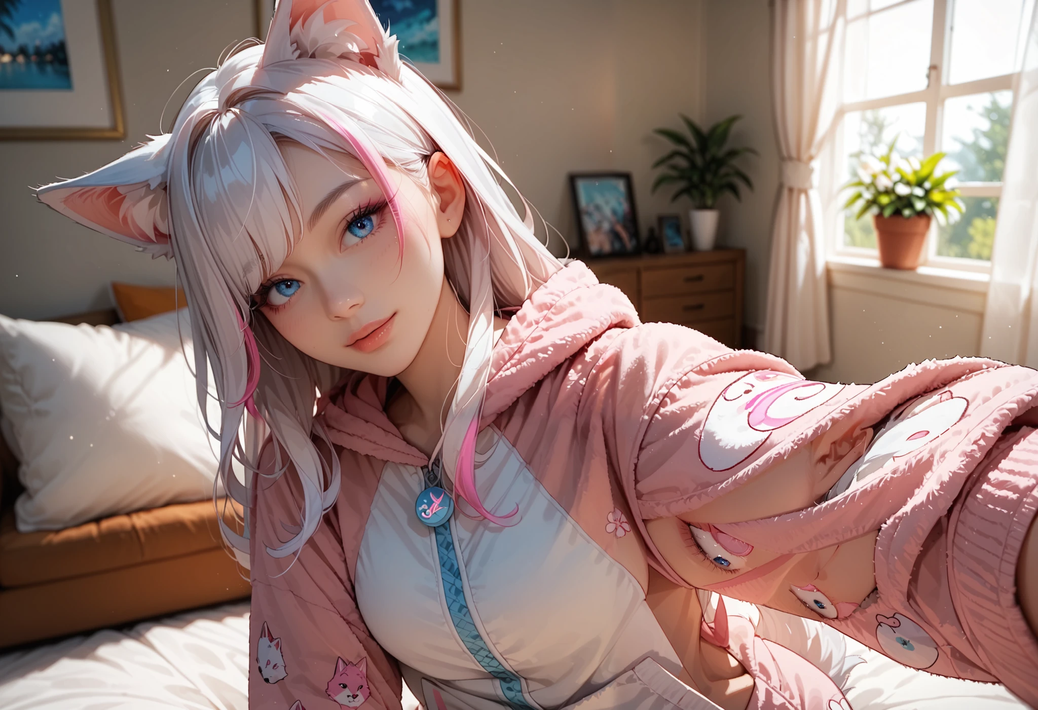 adult fox woman doing a selfie, soft make-up, BREAK wearing a fox Onesie pajamas BREAK (fox ears and fluffy tails), curvy hair, ((white hair with pink streaks)), cyan blue eyes, Natural soft light, vivid colors, depth of field, masterpiece, semi-realistic artwork
