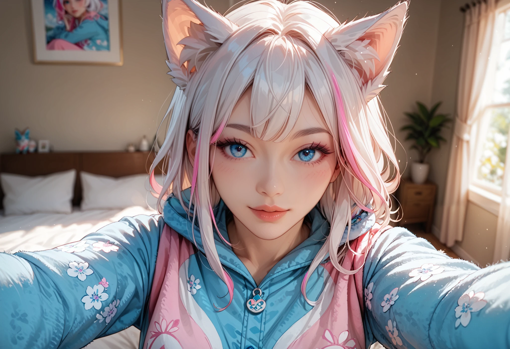 adult fox woman doing a selfie, soft make-up, BREAK wearing a fox Onesie pajamas BREAK (fox ears and fluffy tails), curvy hair, ((white hair with pink streaks)), cyan blue eyes, Natural soft light, vivid colors, depth of field, masterpiece, semi-realistic artwork