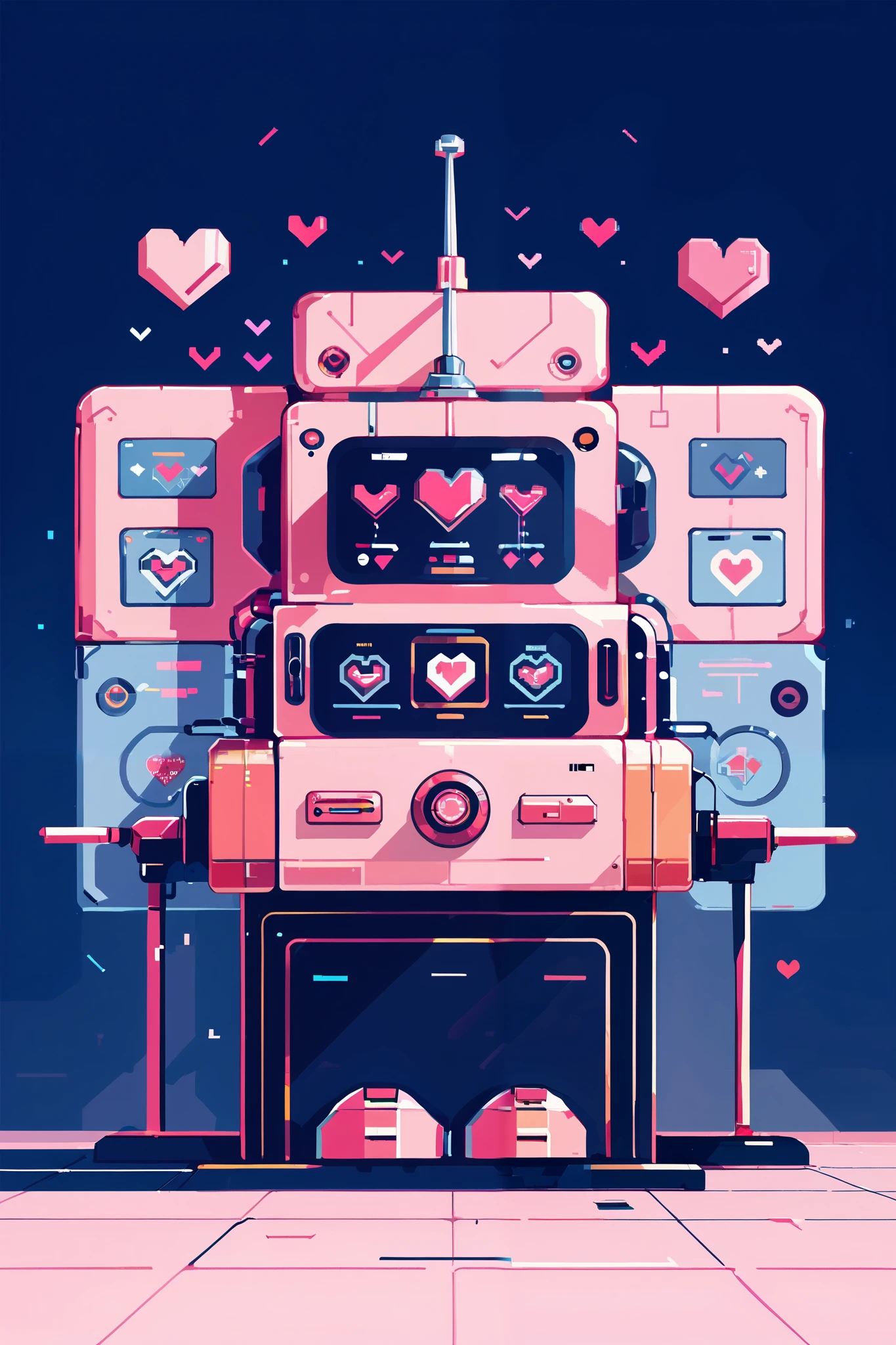 masterpiece, best quality, wide view, pink, heart, pink heart, big heart, a huge factory, robots, machines,