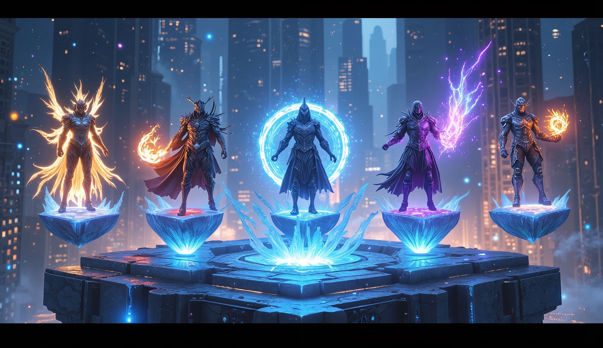 Ultra-detailed MMORPG character selection screen, panoramic view of 5 floating holographic character models on crystal platforms,  
each hero surrounded by their class sigils: [1] Paladin with golden light particles swirling around a floating sanctum shield,  
[2] Shadow Assassin cloaked in rippling void energy with dagger trajectories frozen mid-air,  
[3] Elemental Archmage casting prismatic spell circles that phase through the UI borders,  
[4] Beastmaster accompanied by a glowing spirit wolf whose fur reacts to cursor proximity,  
[5] Cyborg Samurai with neon circuit patterns pulsing across armor plates,  
interactive UI elements: semi-transparent skill trees branching behind each character,  
dynamic depth-of-field blur shifting with implied mouse movement,  
celestial navigation bar above with constellation-themed menu buttons,  
glowing runic parchment scroll unfurling at bottom showing character backstory,  
color-coded energy trails connecting active character to selection confirmation orb,  
art style blending Yoshitaka Amano's ethereal designs with League of Legends' UI clarity,  
background of floating fantasy cityscape with weather changing based on selected class  
