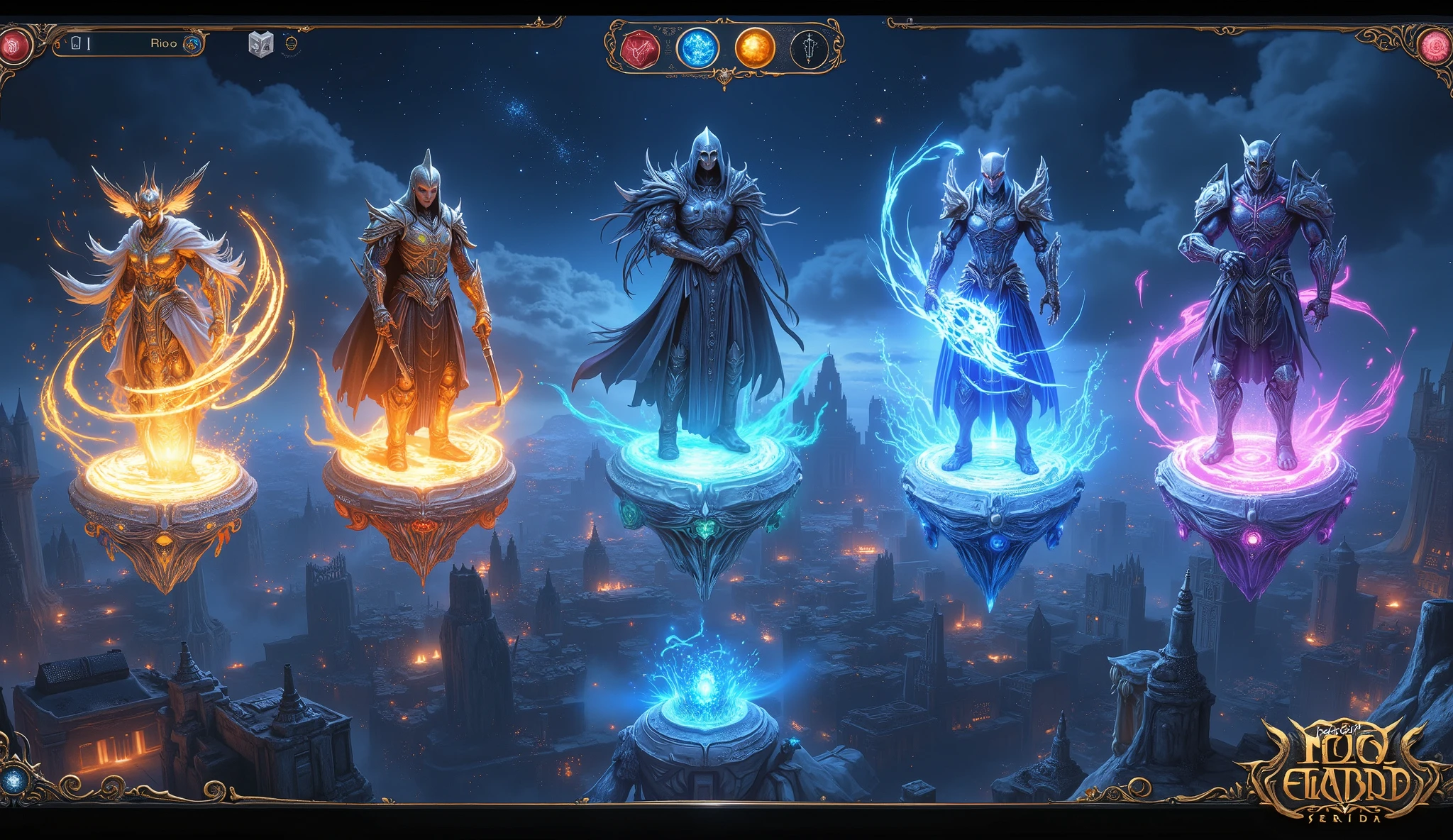 Ultra-detailed MMORPG character selection screen, panoramic view of 5 floating holographic character models on crystal platforms,  
each hero surrounded by their class sigils: [1] Paladin with golden light particles swirling around a floating sanctum shield,  
[2] Shadow Assassin cloaked in rippling void energy with dagger trajectories frozen mid-air,  
[3] Elemental Archmage casting prismatic spell circles that phase through the UI borders,  
[4] Beastmaster accompanied by a glowing spirit wolf whose fur reacts to cursor proximity,  
[5] Cyborg Samurai with neon circuit patterns pulsing across armor plates,  
interactive UI elements: semi-transparent skill trees branching behind each character,  
dynamic depth-of-field blur shifting with implied mouse movement,  
celestial navigation bar above with constellation-themed menu buttons,  
glowing runic parchment scroll unfurling at bottom showing character backstory,  
color-coded energy trails connecting active character to selection confirmation orb,  
art style blending Yoshitaka Amano's ethereal designs with League of Legends' UI clarity,  
background of floating fantasy cityscape with weather changing based on selected class  