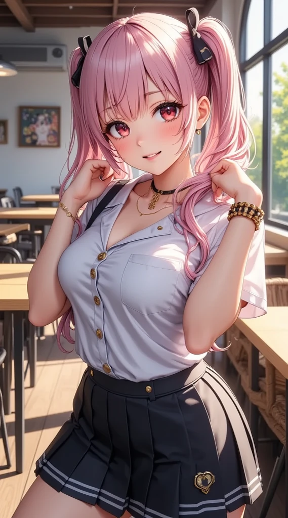 ((Highest quality, 8k, masterpiece :1.3)), (Sharp focus :1.2, Beautiful woman with perfect figure :1.4, Slim Abs), ((Big Breasts, Emphasize cleavage:1.2)), (Photorealistic:1.4), (realistic:1.4), (Pink Hair:1.5), Highly detailed face and skin texture, Fine grain, double eyelid. Makeup face, A little bit of lipstick, sex appeal, Sexy gravure pose, ((A high school girl wearing a white ribbon blouse and a pink pleated skirt。In the background is the cafeteria、She has friends around her。She is smiling and posing sexy while sitting at a cafeteria table。Simple earrings and a necklace are the accessories.。:1.3))