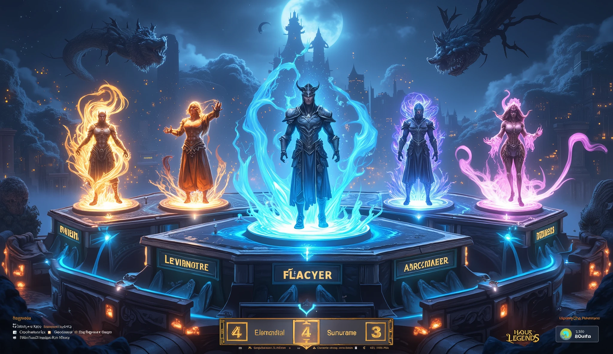 Ultra-detailed MMORPG character selection screen, panoramic view of 5 floating holographic character models on crystal platforms,  
each hero surrounded by their class sigils: [1] Paladin with golden light particles swirling around a floating sanctum shield,  
[2] Shadow Assassin cloaked in rippling void energy with dagger trajectories frozen mid-air,  
[3] Elemental Archmage casting prismatic spell circles that phase through the UI borders,  
[4] Beastmaster accompanied by a glowing spirit wolf whose fur reacts to cursor proximity,  
[5] Cyborg Samurai with neon circuit patterns pulsing across armor plates,  
interactive UI elements: semi-transparent skill trees branching behind each character,  
dynamic depth-of-field blur shifting with implied mouse movement,  
celestial navigation bar above with constellation-themed menu buttons,  
glowing runic parchment scroll unfurling at bottom showing character backstory,  
color-coded energy trails connecting active character to selection confirmation orb,  
art style blending Yoshitaka Amano's ethereal designs with League of Legends' UI clarity,  
background of floating fantasy cityscape with weather changing based on selected class  