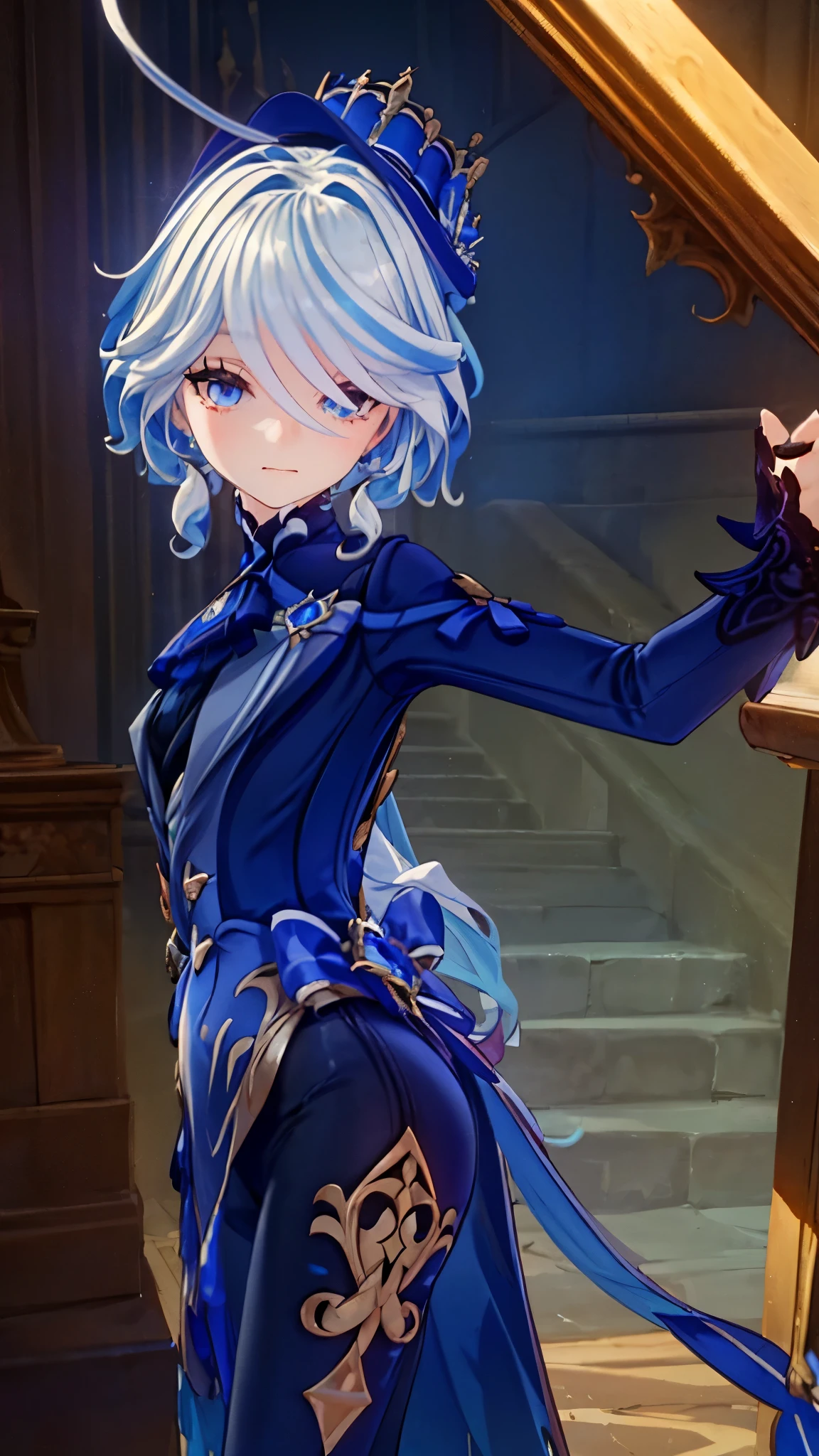 Furina from genshin impact, wearing beautiful dress, light blue leggings, detailed facial features, elegant posture, serene expression, 5K, photorealistic, intricate details, fantasy landscape, magical atmosphere, mystical lighting, digital painting, hyper-detailed, cinematic colors, vibrant palette, dramatic shadows, dramatic lighting