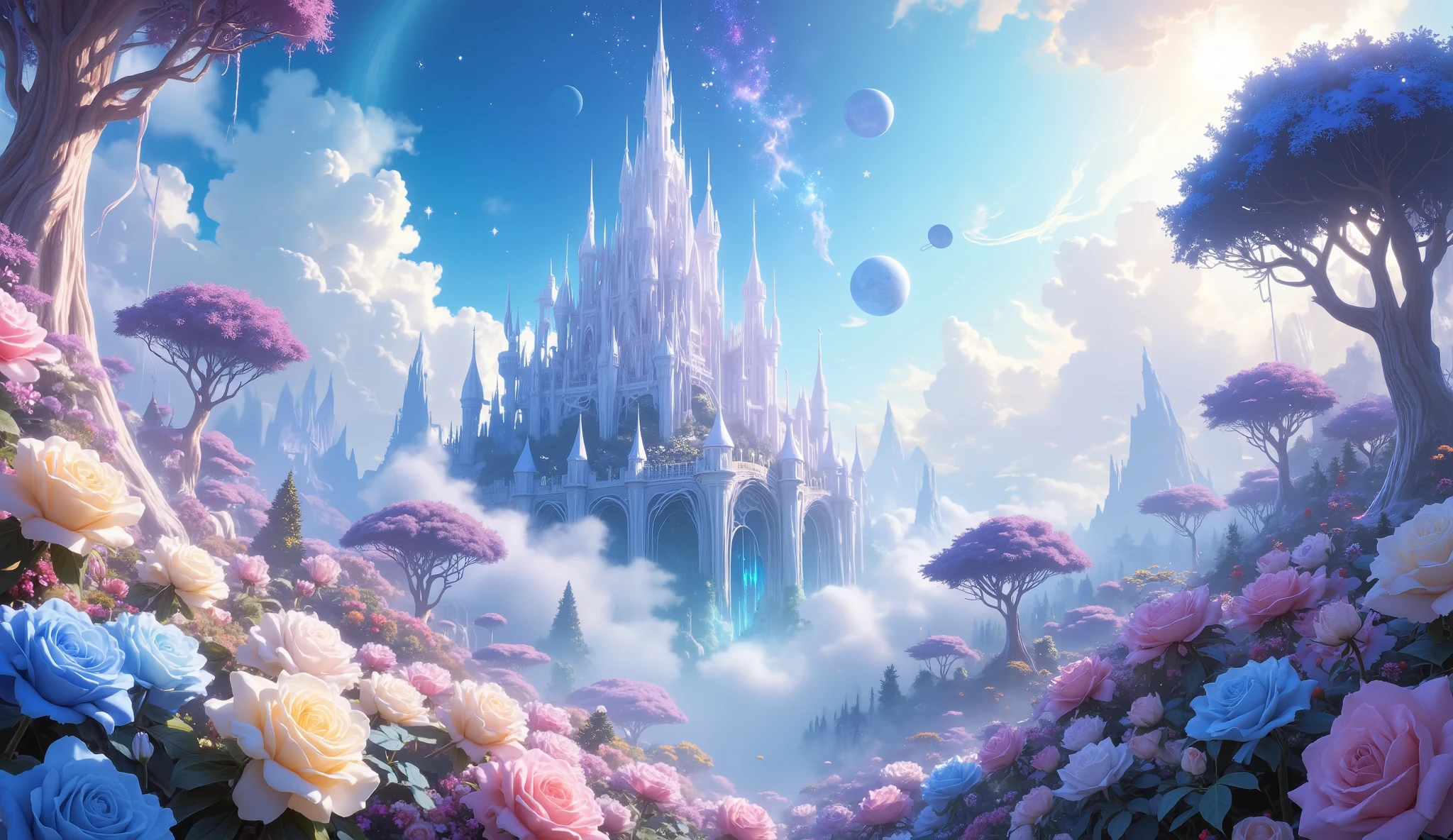 masterpiece, A beautiful white castle, a large forest of white and light blue roses, a lot of clouds everywhere, a planet in the sky and stars, un castillo blanco muy Detailed, beautiful forest of white and light blue roses of impressive color, clouds all over the landscape, a beautiful planet , wallpaper, 4k, HD, Detailed, 8K, Background