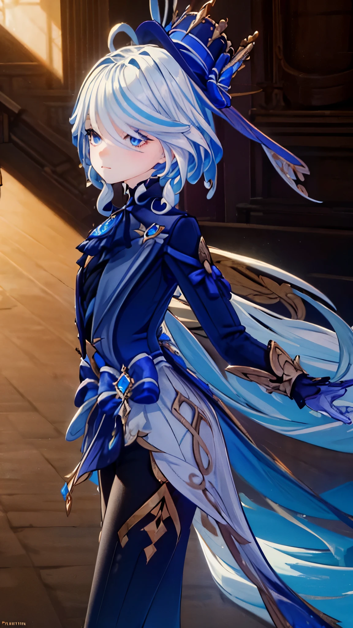 Furina from genshin impact, wearing beautiful dress, light blue leggings, detailed facial features, elegant posture, serene expression, 5K, photorealistic, intricate details, fantasy landscape, magical atmosphere, mystical lighting, digital painting, hyper-detailed, cinematic colors, vibrant palette, dramatic shadows, dramatic lighting