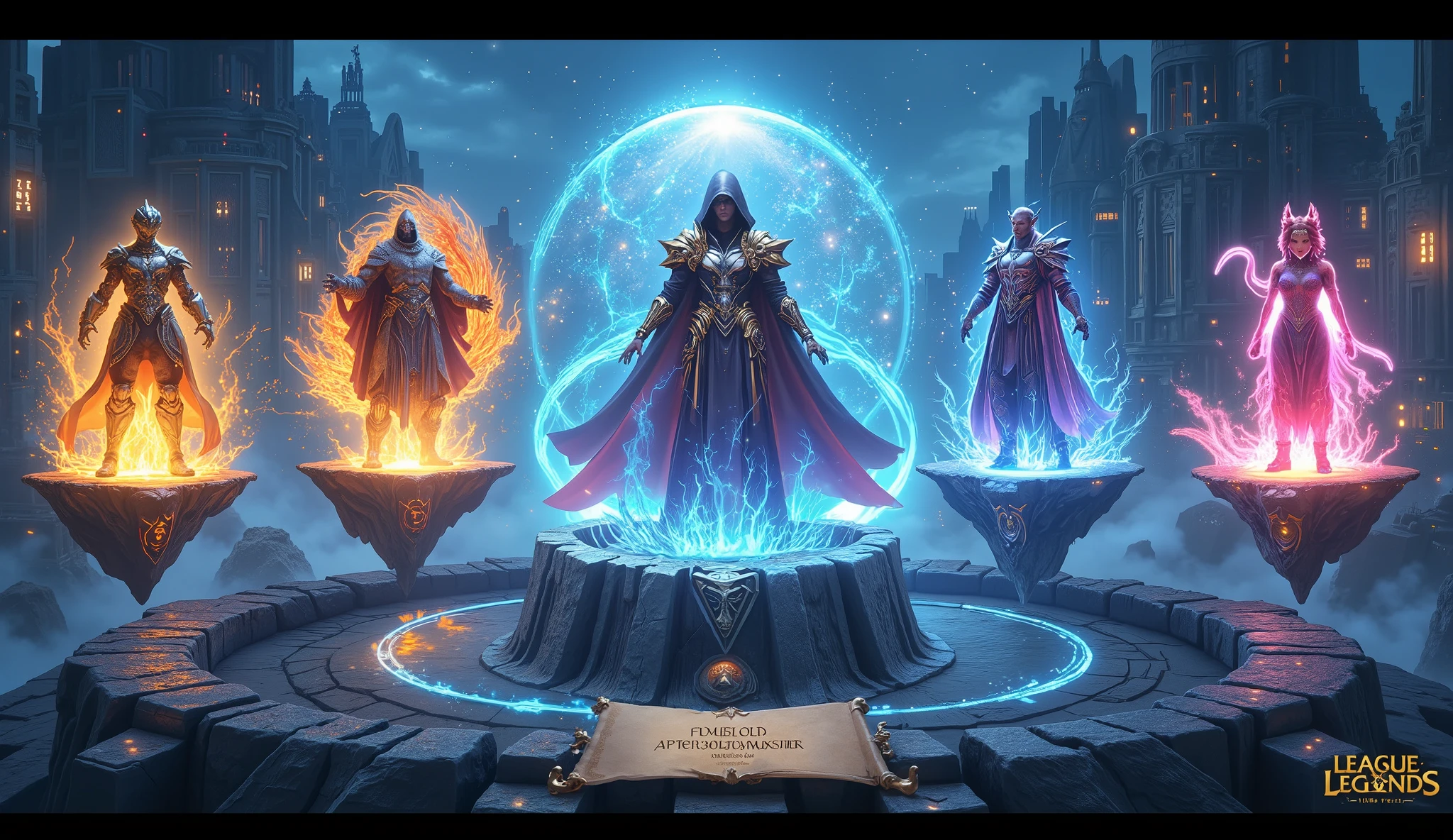 Ultra-detailed MMORPG character selection screen, panoramic view of 5 floating holographic character models on crystal platforms,  
each hero surrounded by their class sigils: [1] Paladin with golden light particles swirling around a floating sanctum shield,  
[2] Shadow Assassin cloaked in rippling void energy with dagger trajectories frozen mid-air,  
[3] Elemental Archmage casting prismatic spell circles that phase through the UI borders,  
[4] Beastmaster accompanied by a glowing spirit wolf whose fur reacts to cursor proximity,  
[5] Cyborg Samurai with neon circuit patterns pulsing across armor plates,  
interactive UI elements: semi-transparent skill trees branching behind each character,  
dynamic depth-of-field blur shifting with implied mouse movement,  
celestial navigation bar above with constellation-themed menu buttons,  
glowing runic parchment scroll unfurling at bottom showing character backstory,  
color-coded energy trails connecting active character to selection confirmation orb,  
art style blending Yoshitaka Amano's ethereal designs with League of Legends' UI clarity,  
background of floating fantasy cityscape with weather changing based on selected class  